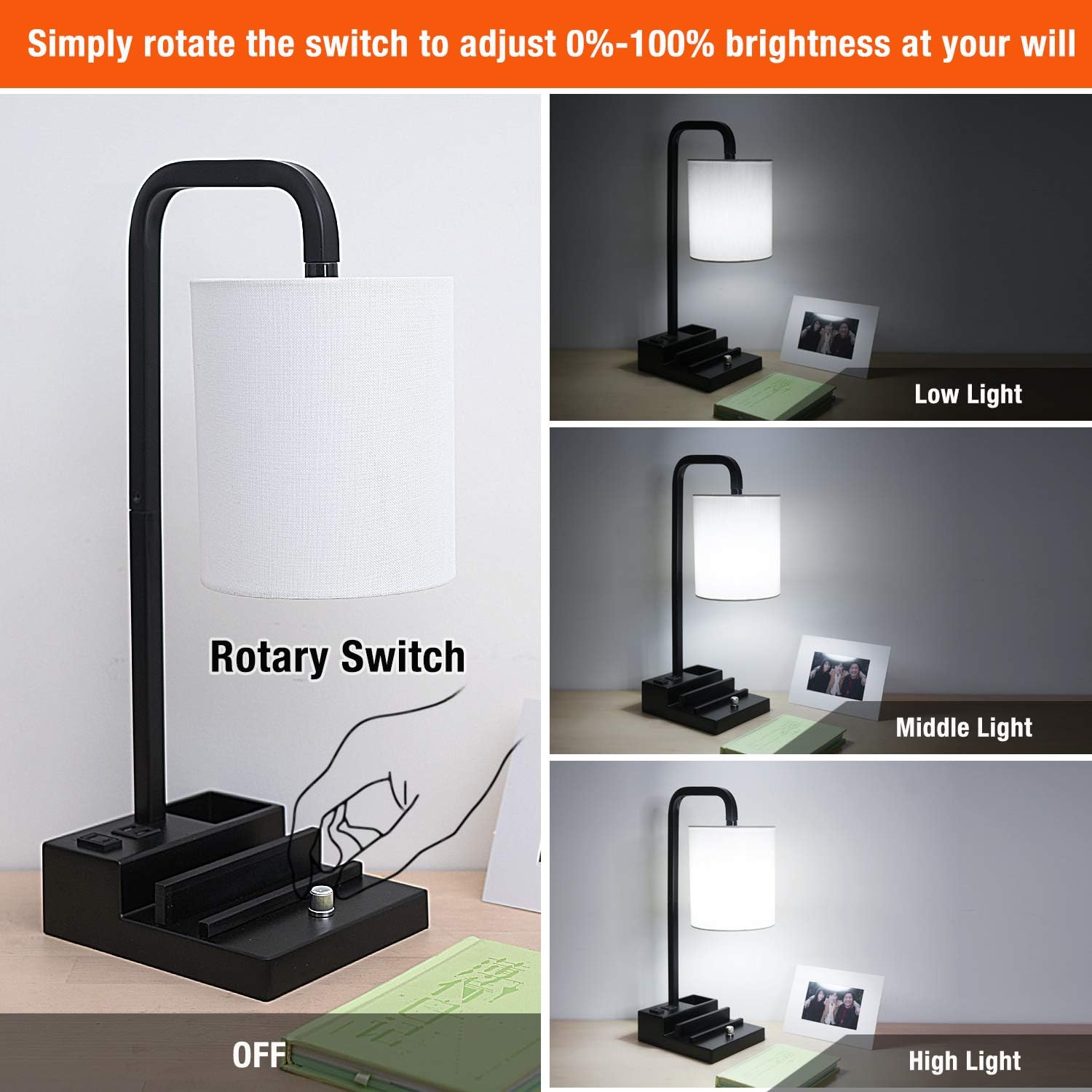 Black Friday - 60% OFF Bedside lamp with 2 USB Ports & 1 AC Outlet, Fully Dimmable Table Lamp with Two Phone Stands & Storage Box, Linen Shade & 5000K Daylight White LED Bulb Included, Nightstand Desk Lamp for Bedrooms