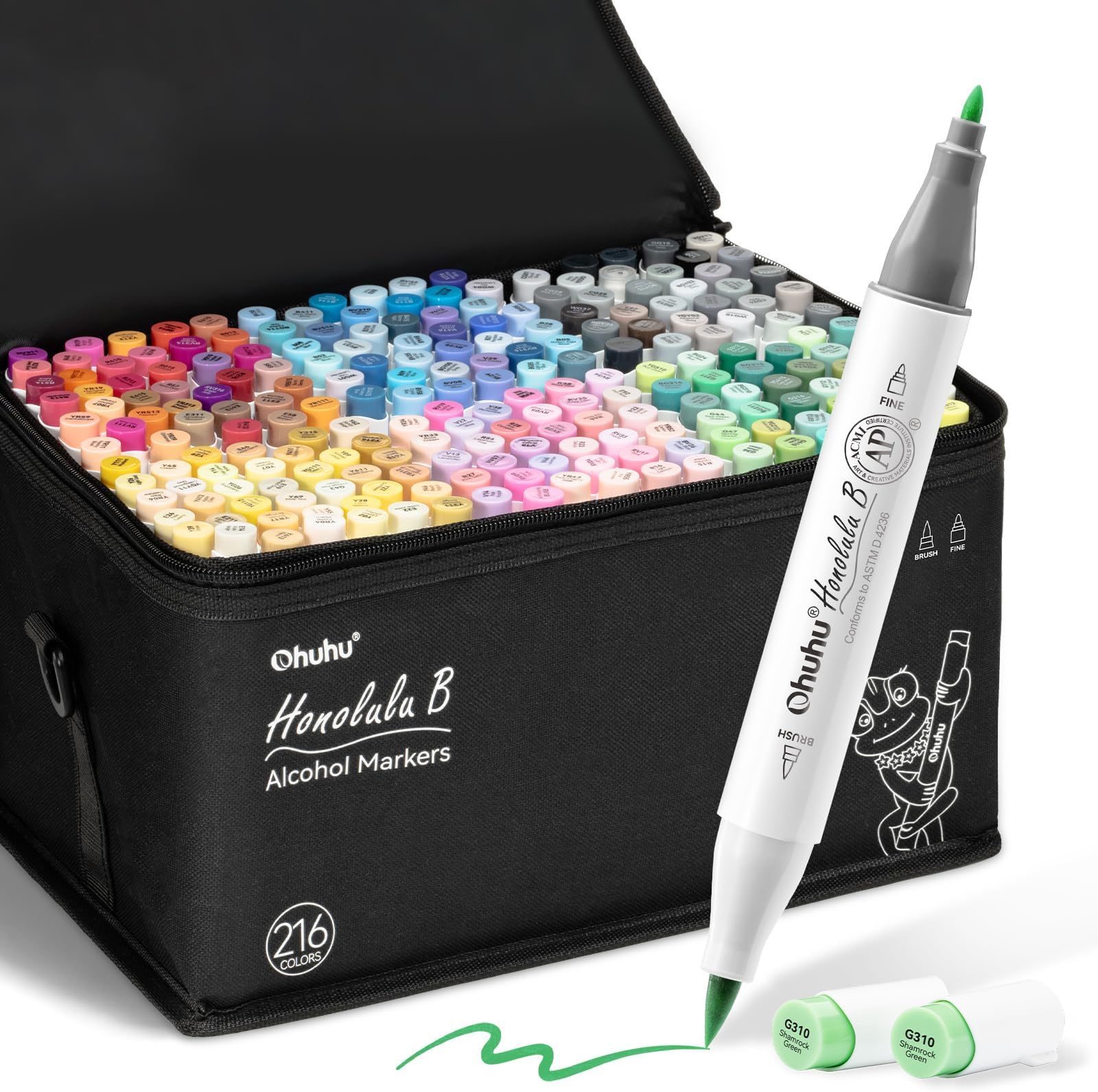 Alcohol Based Brush Markers -Double Tipped Art Marker Set for Artists Adults Coloring Sketch Illustration - Brush & Fine Dual Tips - 216 Colors - Honolulu B of Ohuhu Markers - Refillable Ink