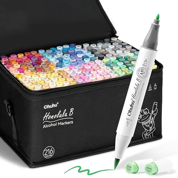 Ohuhu Refillable 320 Colors Alcohol Markers Brush Tip- Double Tipped Alcohol-based Art Sketch Marker Set for Artist Adults Coloring Illustration - Honolulu B of Ohuhu Markers -Brush & Fine Dual Tips