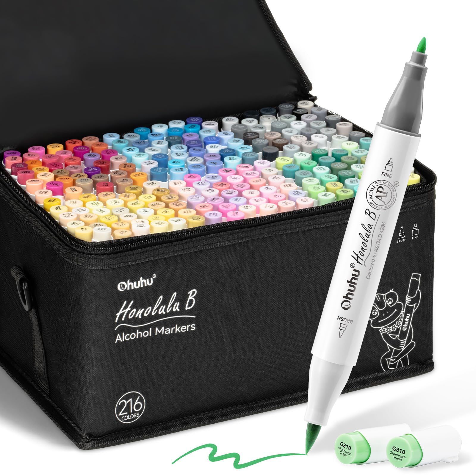 Ohuhu Pennarelli a base di alcol: 216 colori set di pennarelli a doppia punta per artisti adulti da colorare per schizzi illustrazione - pennello e punta doppia fine1 frullatore Honolulu B