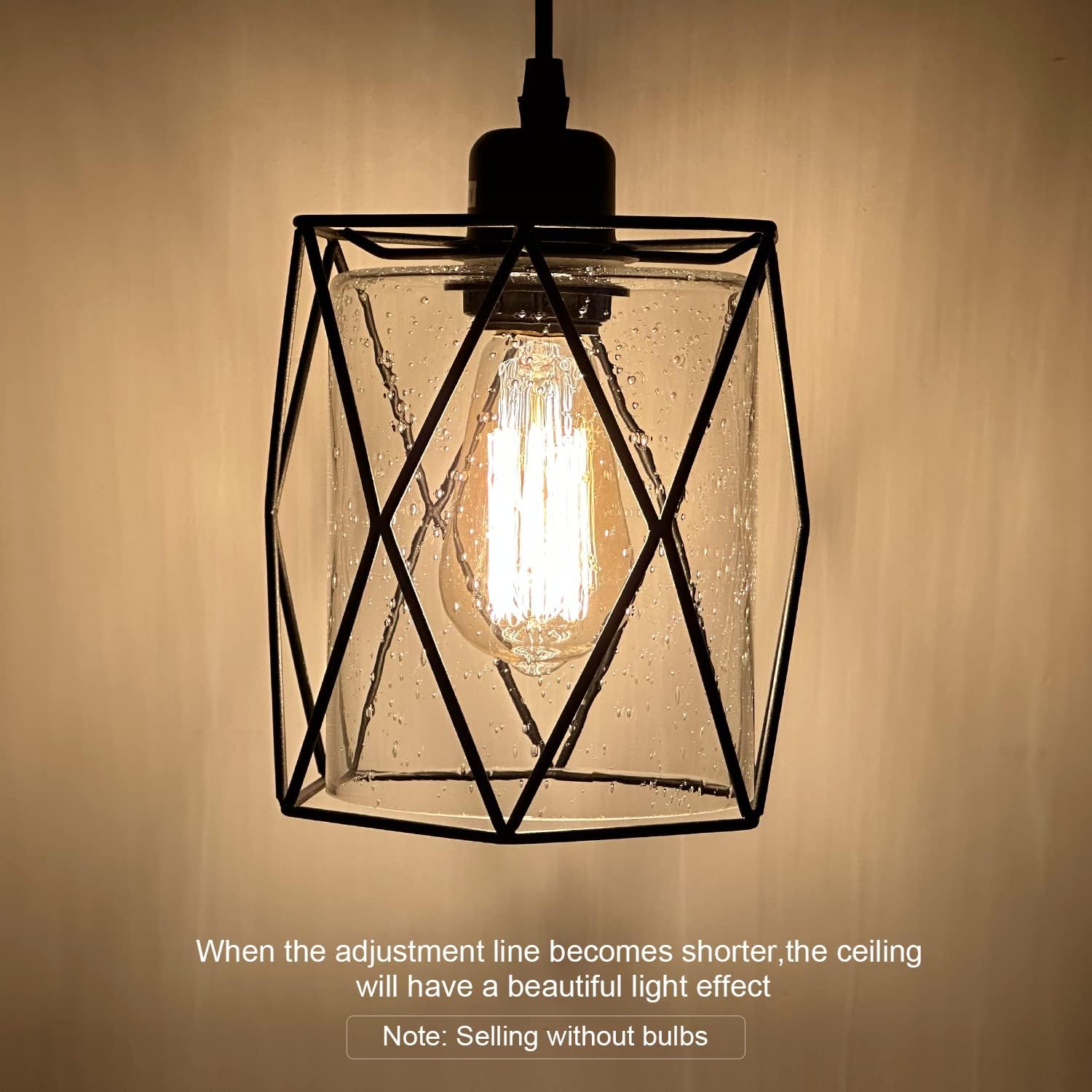 Black Pendant Light Over Table Cage Blown Clear Seeded Glass Farmhouse Hanging Light Fixture Industrial Adjustable Cord for Kitchen Island Dining Room Above Sink