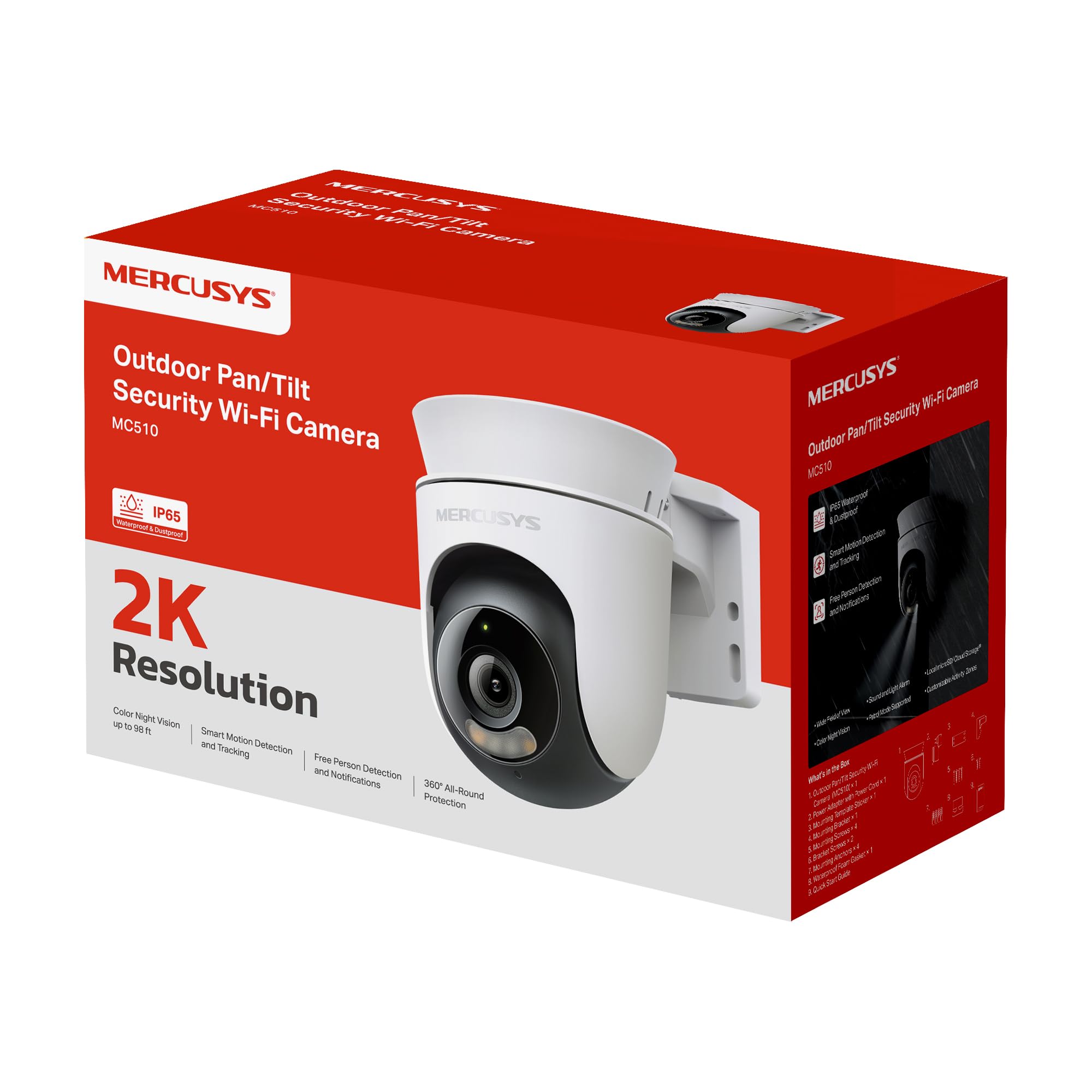 MERCUSYS Caméra de Surveillance WiFi extérieur 360° 2K 3MP, Vision Nocturne Couleur, Détection de Personne et Suivi de Mouvement, Étanche IP65, Alarme sonore Personnalisable, MC510