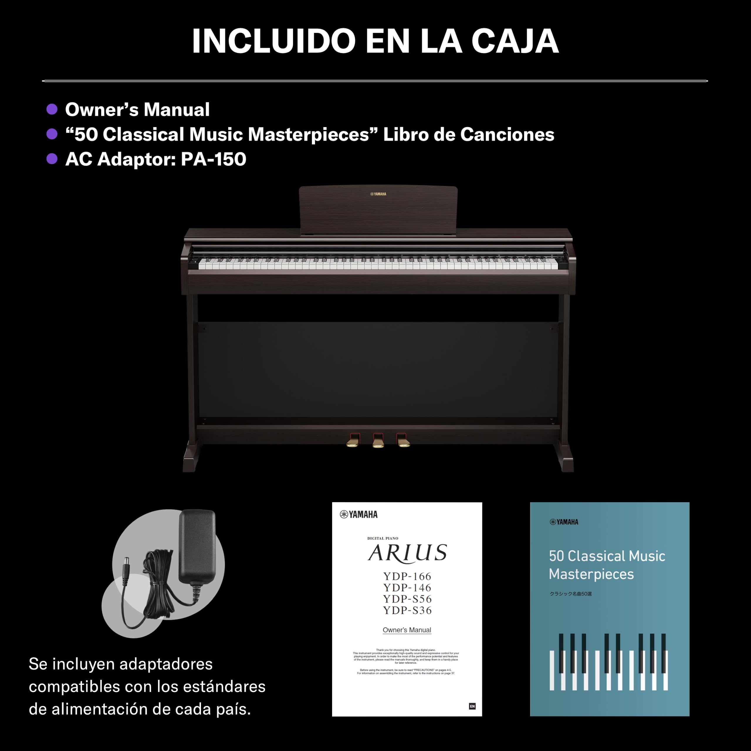YAMAHA YDP-146 Piano Digital – 88 teclas contrapesadas (GHS), Voz de piano de cola CFX, altavoces de 8W, Bluetooth, 3 pedales, ideal para el hogar y para principiantes – Palisandro