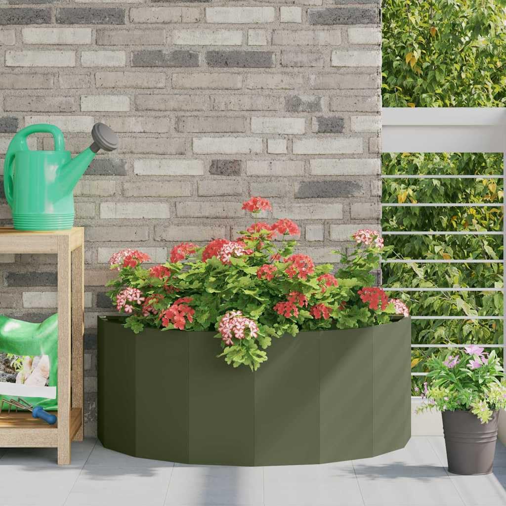 Donica Zielony oliwkowy 90x45x35 cm Stal półokrągła nowoczesna donica ogrodowa na taras patio balkon wytrzymała stalowa skrzynia na kwiaty łatwy montaż