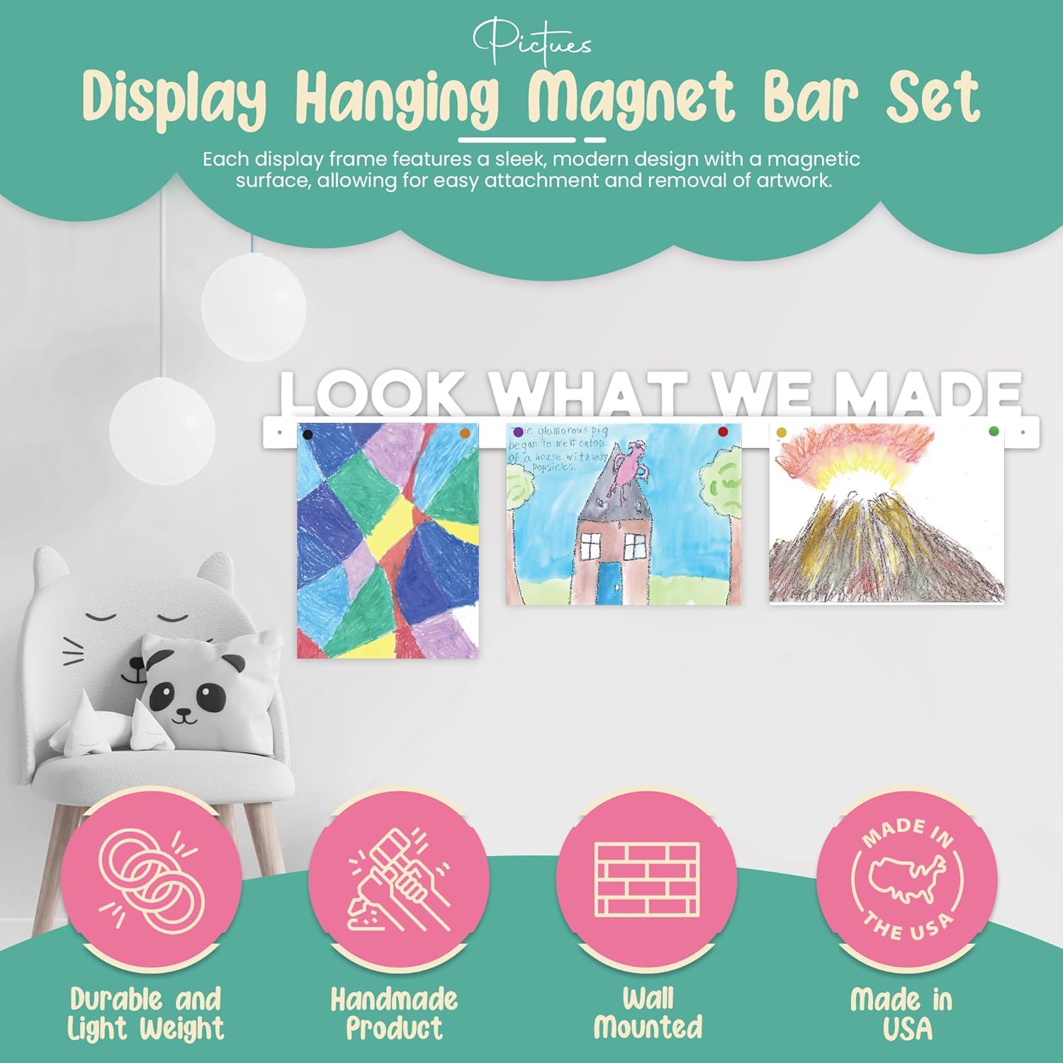 Look What We Made Magnetic Art Display for Kids Artwork - Kids Art Display - Artwork Display for Kids Art for Wall - Picture Hanging System - Display Children Artwork - Magnet Bar (36, White)