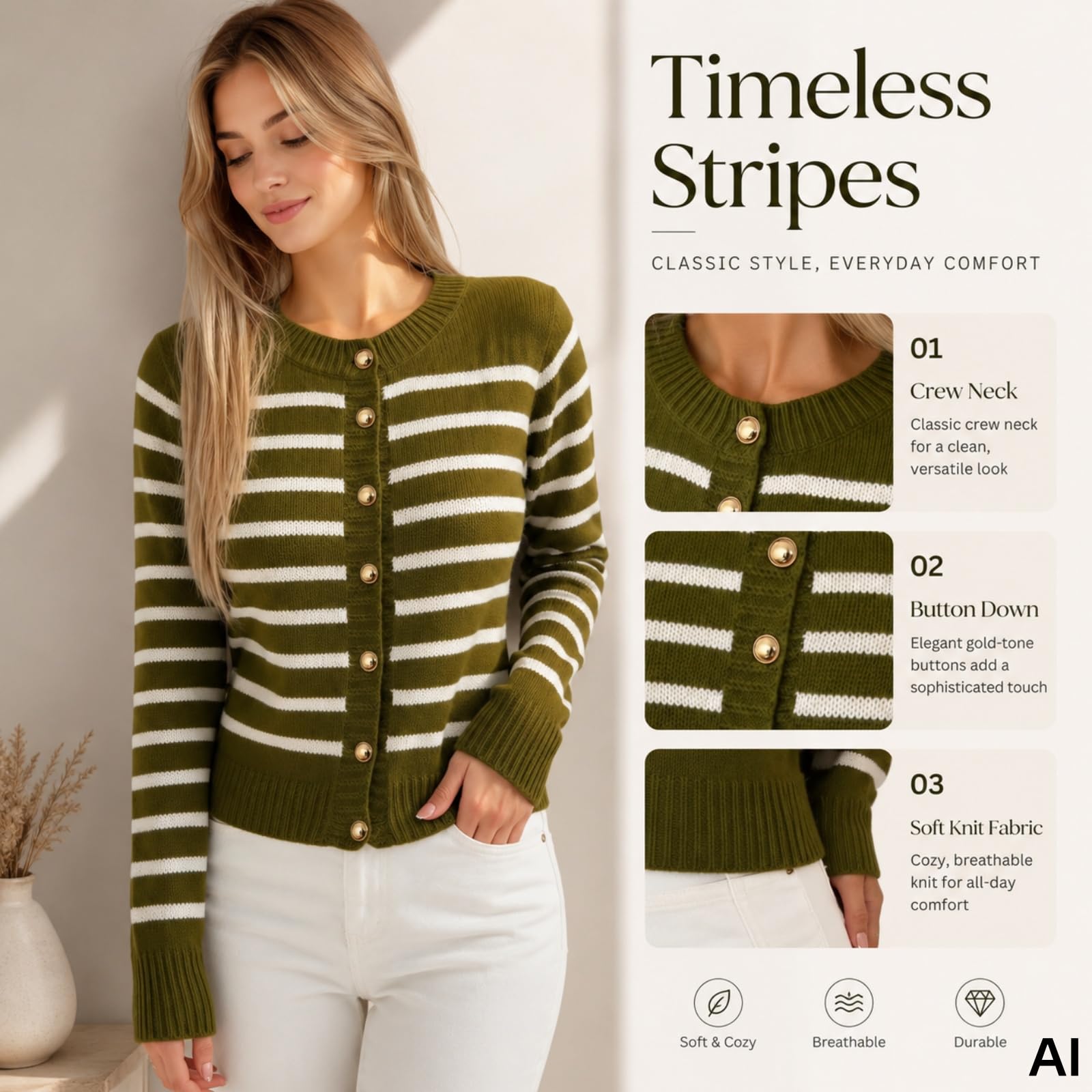 Cárdigan de Punto Abotonado a Rayas con Cuello Redondo | Cárdigan corto de crochet a rayas estilo Y2K; top corto casual de estilo coreano para primavera y otoño