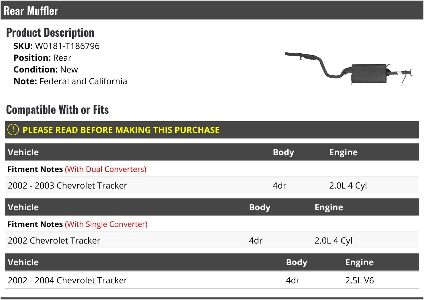 Rear Muffler - Compatible with 2002-2004 Chevy Tracker 4-Door (Federal and California Emissions)