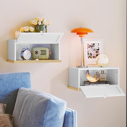 Miniatura 5 de HLR Mesita de noche flotante, mesita de noche pequeña con puerta de solapa, mesita de noche montada en la pared para dormitorios, color blanco