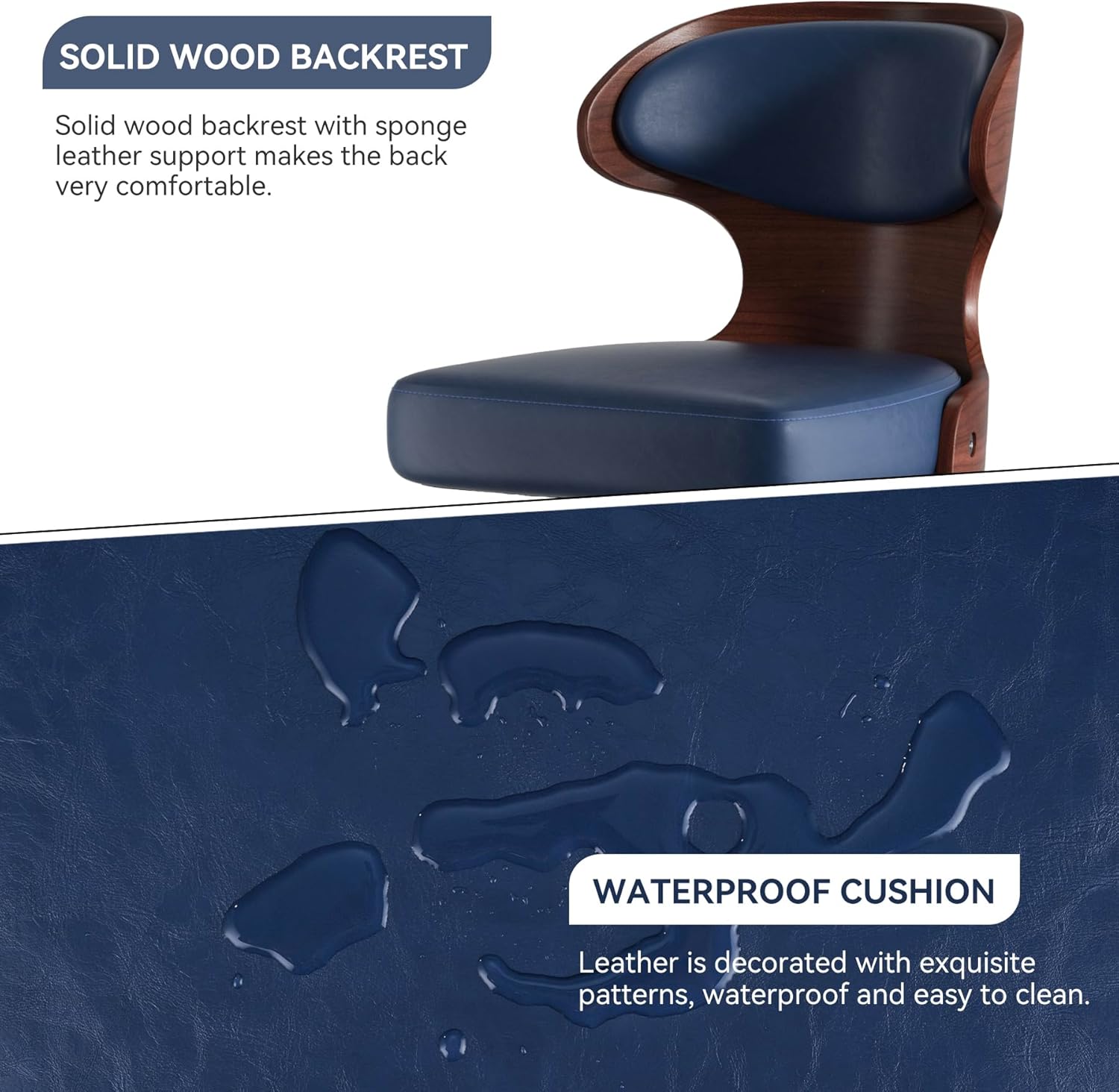 Nalupatio Bar Stools Set of 2, Bentwood Swivel Barstools Seat Adjustable Height 24.5-33.5IN with Back & Footrest - PU Leather Upholstered Bar Chair for Dining Room, Blue