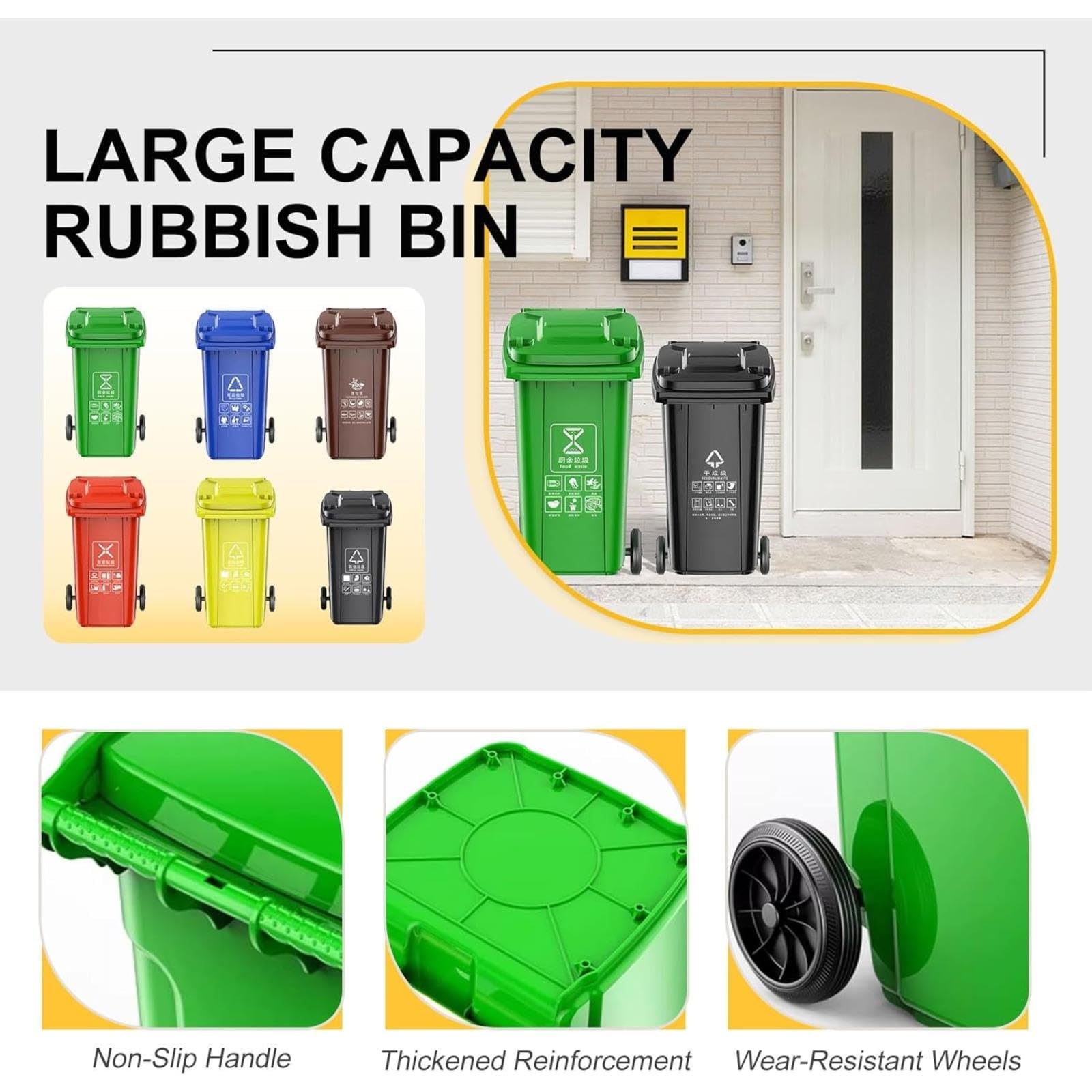 Pattumiera da Esterno di Grande capacità con Coperchio E Ruote Resistenti, 80L, 100L, 120L, 240L, Contenitore per Rifiuti di qualità Commerciale. (Blue 80L)