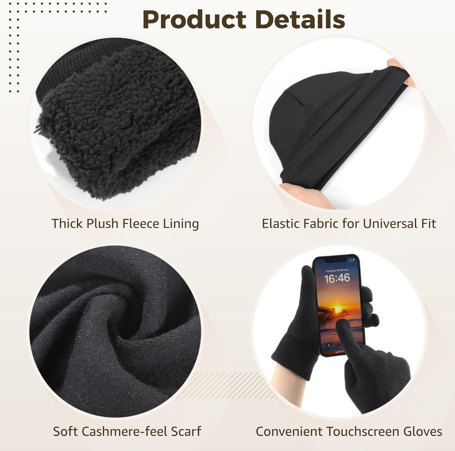 Homaisson Winter Hats Scarf Set for Men Women, Winter Beanie Hat Kit, Thermal Lined Hat, Long Neck Scarf, Touchscreen Gloves - Image 3