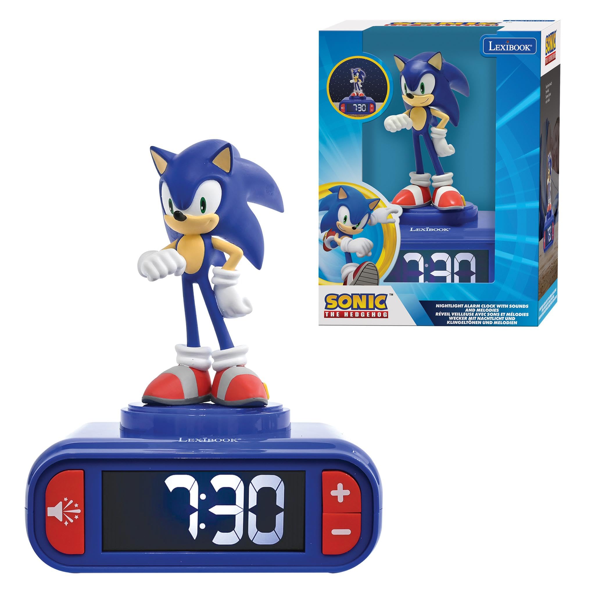 LEXIBOOK, Sonic The Hedgehog, Sonic Night Light Alarm Clock, Sounds and Melodies, Backlit LCD Screen, Luminous, Snooze, Blue, RL800SNLXB