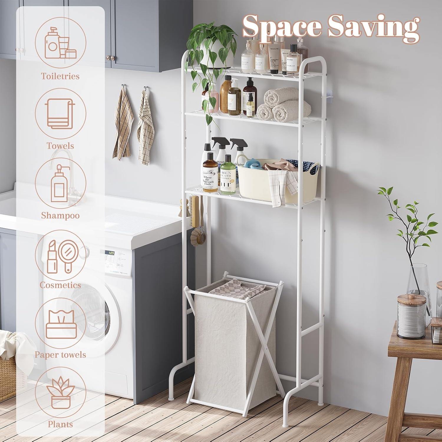 STDDRE 3-Tier Over The Toilet Storage Space Saver with Paper Holder Freestanding Rack Metal Bathroom Shelves with Hooks Above The Toilet Storage Shelf (White, 3 Tier)