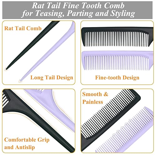 Miniatura 3 de Peine de cola de rata, 2 peines con punta de separación, peineta de dientes finos, peine de dientes finos, antiestático, desenredante, para mujeres