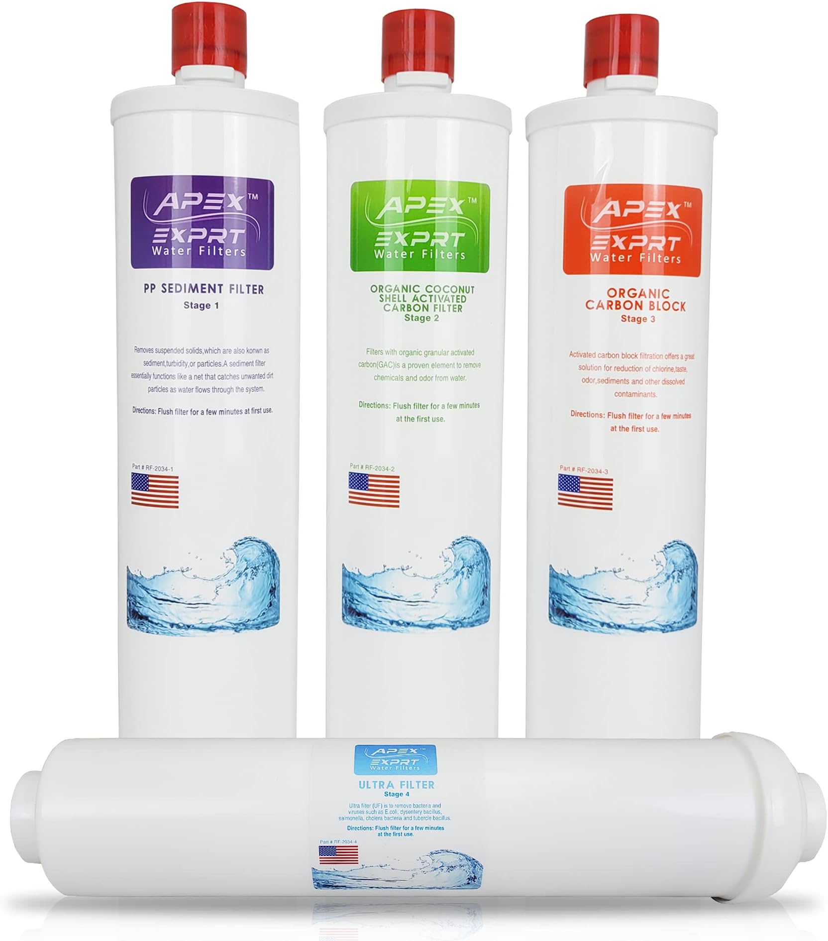 RF-2034A Quality Undersink Pre Filters - 4 Pack Replacement Cartridges - PP (Polypropylene) 5 Micron Sediment Filter, Coconut Shell Carbon, Carbon Block, Ultrafiltration 0.1 micron - for MR-2034