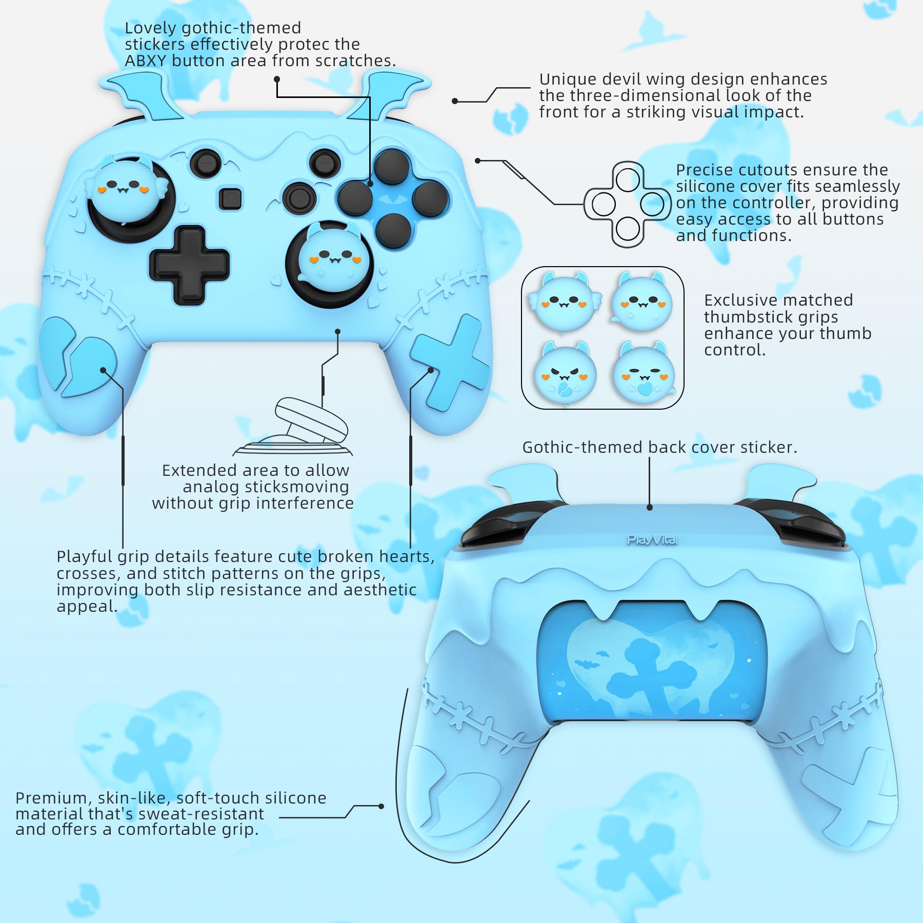 playvital Cover Silicone per Nintendo Switch 1 PRO Controller Custodia Joystick Skin Antiscivolo Protettiva Carina, 4 Copri Levette Analogiche & 2 Adesivi, Serie Imp Gotico, Acqua Blu