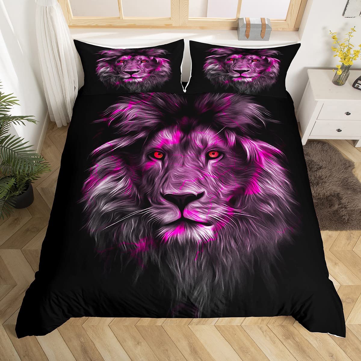 Homemissing Purple Lion Bedding Safari 3D Wild Animal Pattern Bedding Set for Boys Girls Wildlife Style Decor Jungle Theme Crack Design Brick Duvet Cover Room Decor Super King Size Quilt Cover