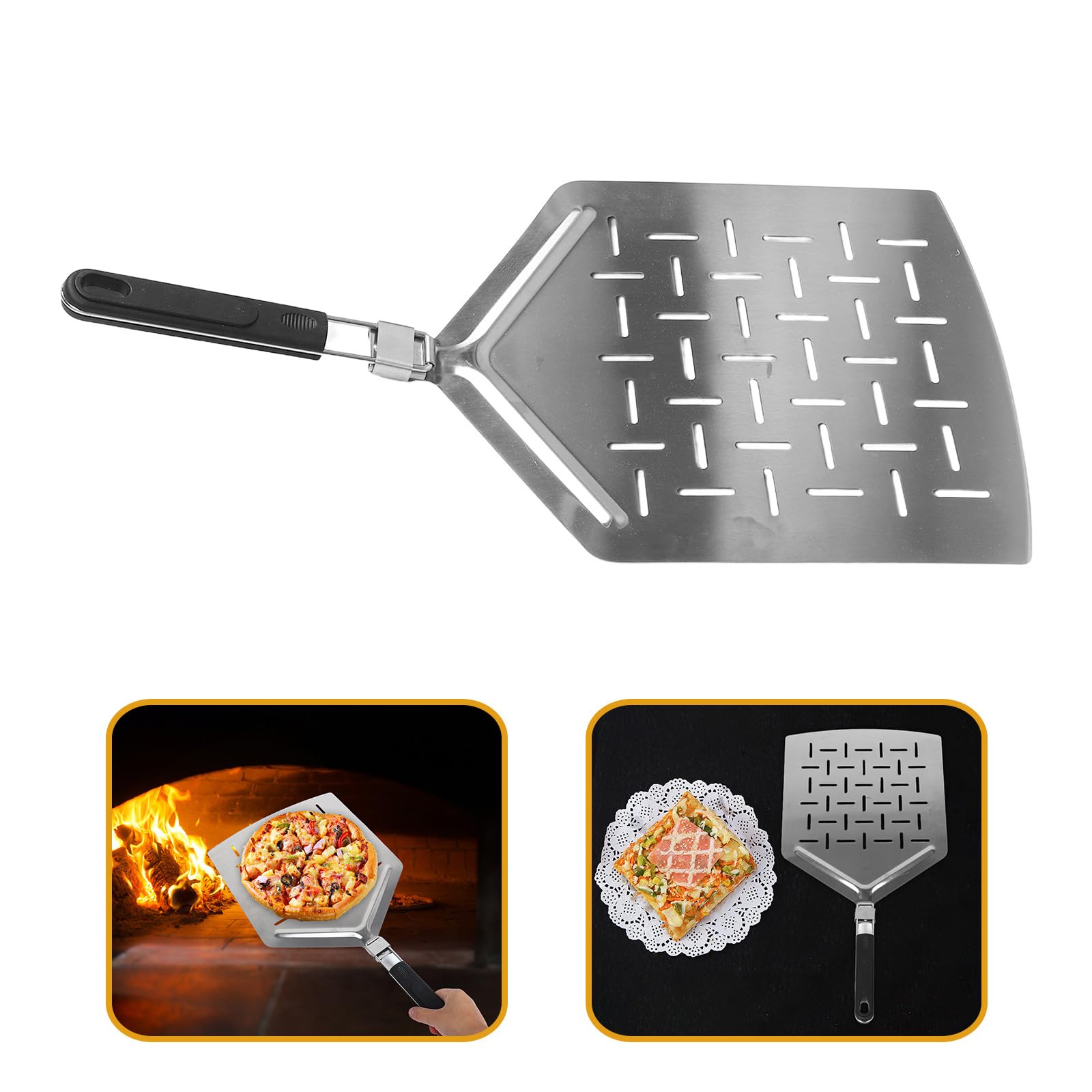 SHINEOFI Faltbarer Pizzaschieber aus Edelstahl mit Klappbarem Ergonomischem Griff Perforierter Rechteckiger Pizzaschaufel für Pizzaofen Zubehör und Brotbacken im Freien