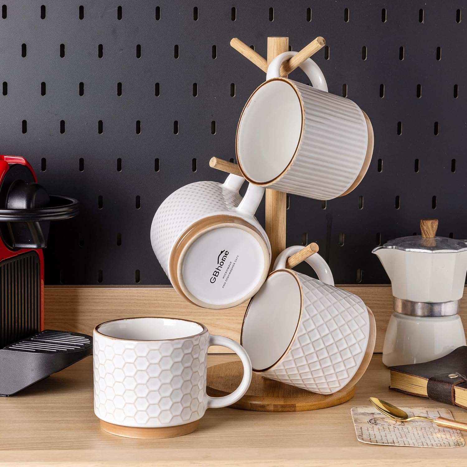 GBHOME Juego de 4 tazas apilables de cerámica con textura de 350ml para hombres, mujeres, padre, madre, tazas modernas, aptas para el microondas y el lavavajillas, para café con leche/capuchino/cacao