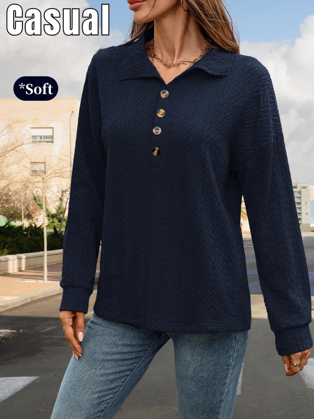 Textured Knit Tops,Button Down Oversized Tunic Shirts for Women,Casual Fall Work from Home Outfits - Image 2