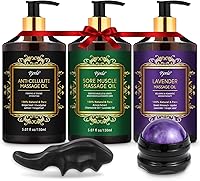 Pjordo 3-Pack Massage Oils: Lavender Relaxing, Arnica Sore Muscle Relief, Cellulite Treatment with Roller Ball & Thumb Saver - Ideal Valentine's Gift