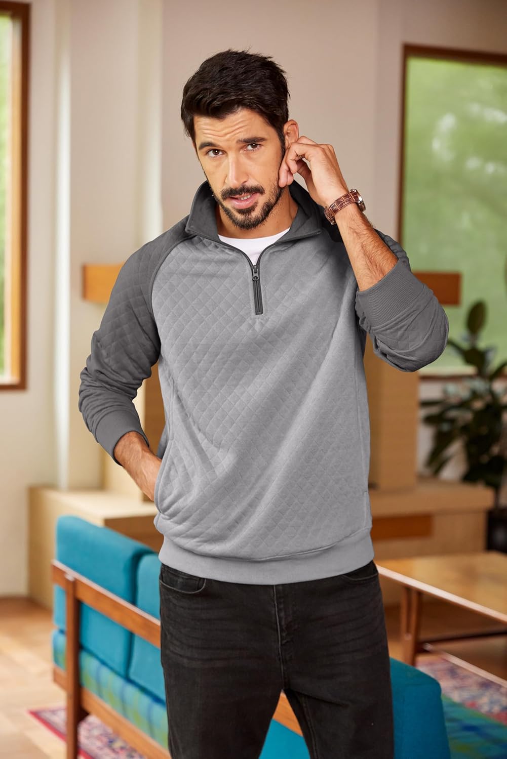 COOFANDY Mens Quarter Zip Pullover Quilted Sweatshirt Knit Long Sleeve Sweater Half Zip Polo Sweatshirts with Pocket - Image 3