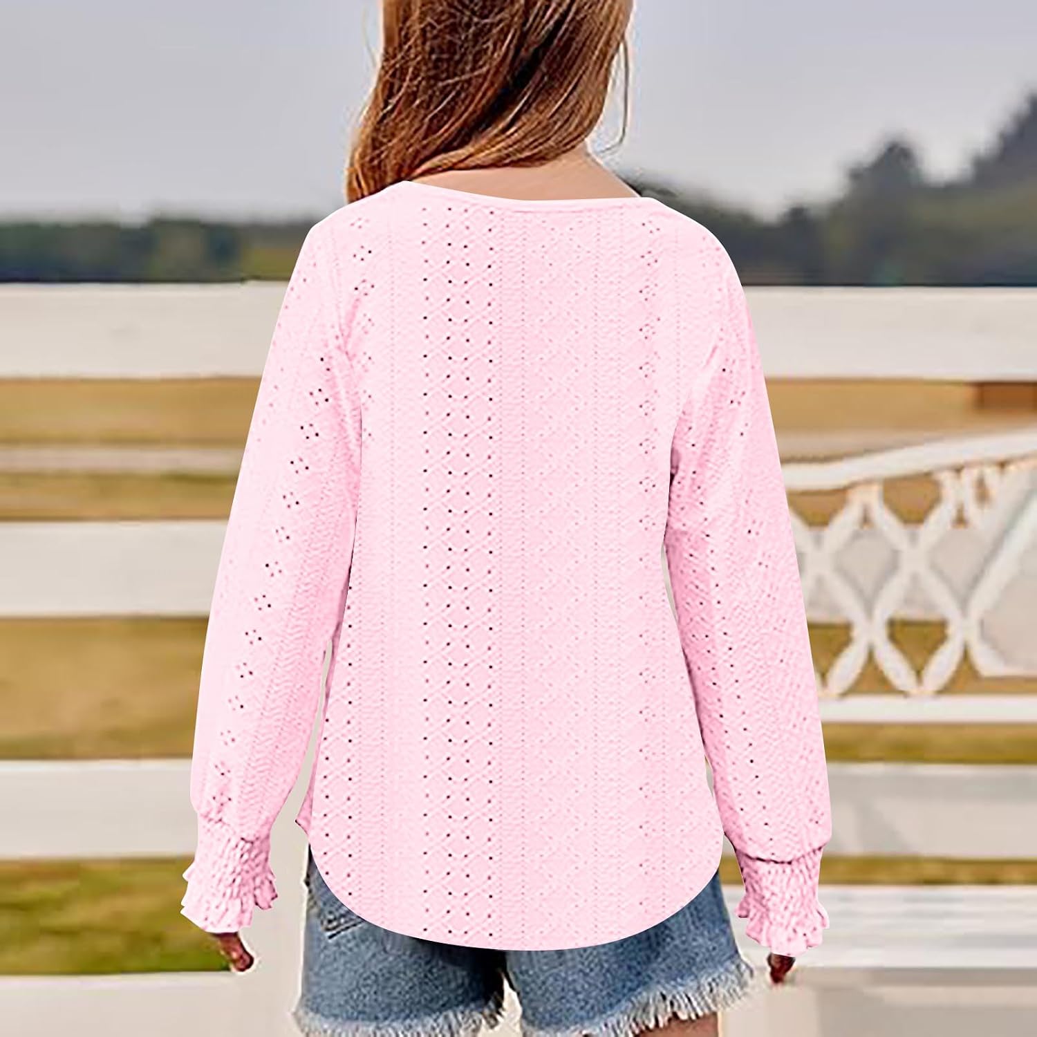 Toddler Girl Eyelet Stretch Sweatshirt Smocked Long Sleeve Autumn Top Drop Shoulder Casual Pullover Solid Sweatshirts
