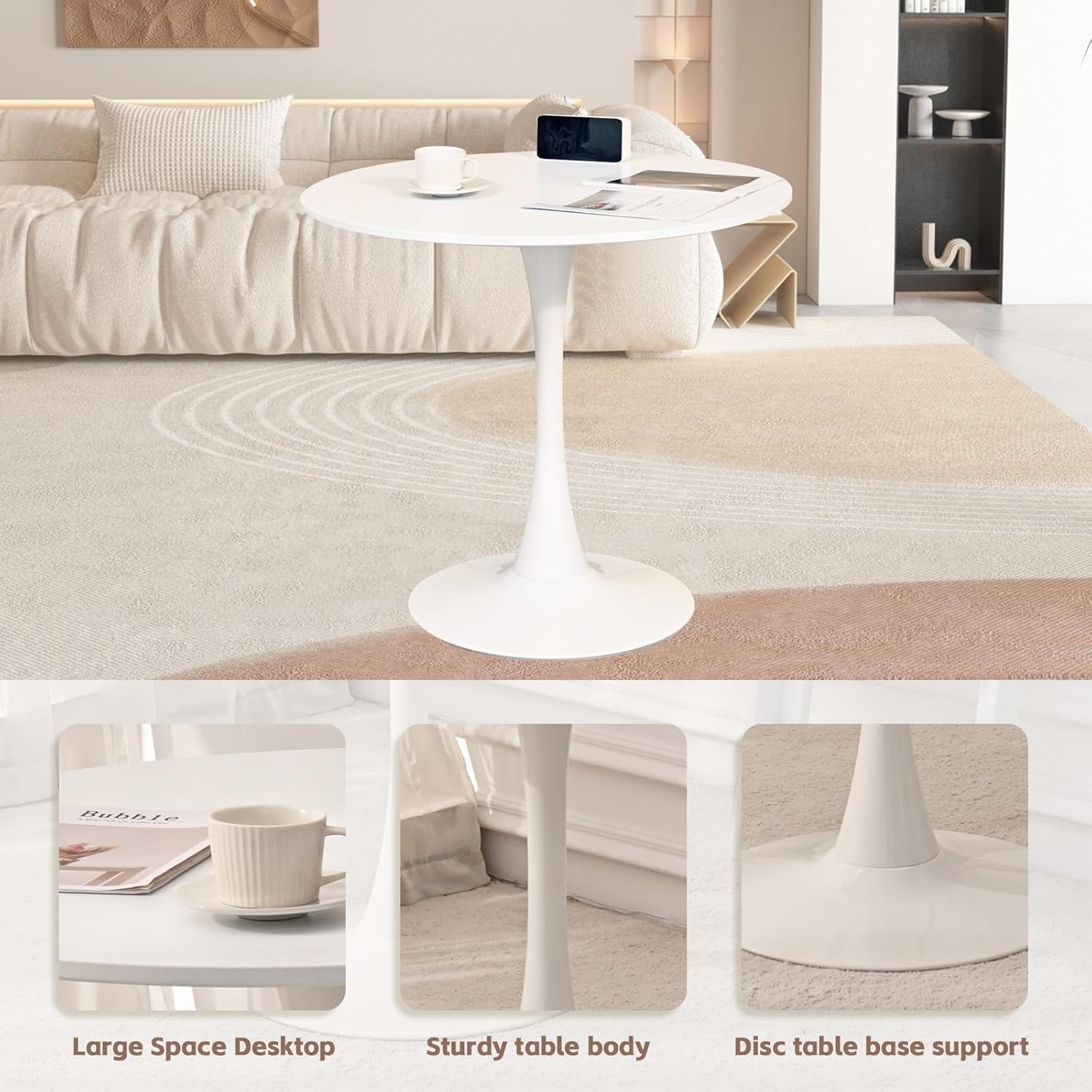 Close-up of the SoarFlash dining table showing large desktop, sturdy body, and disc base support.