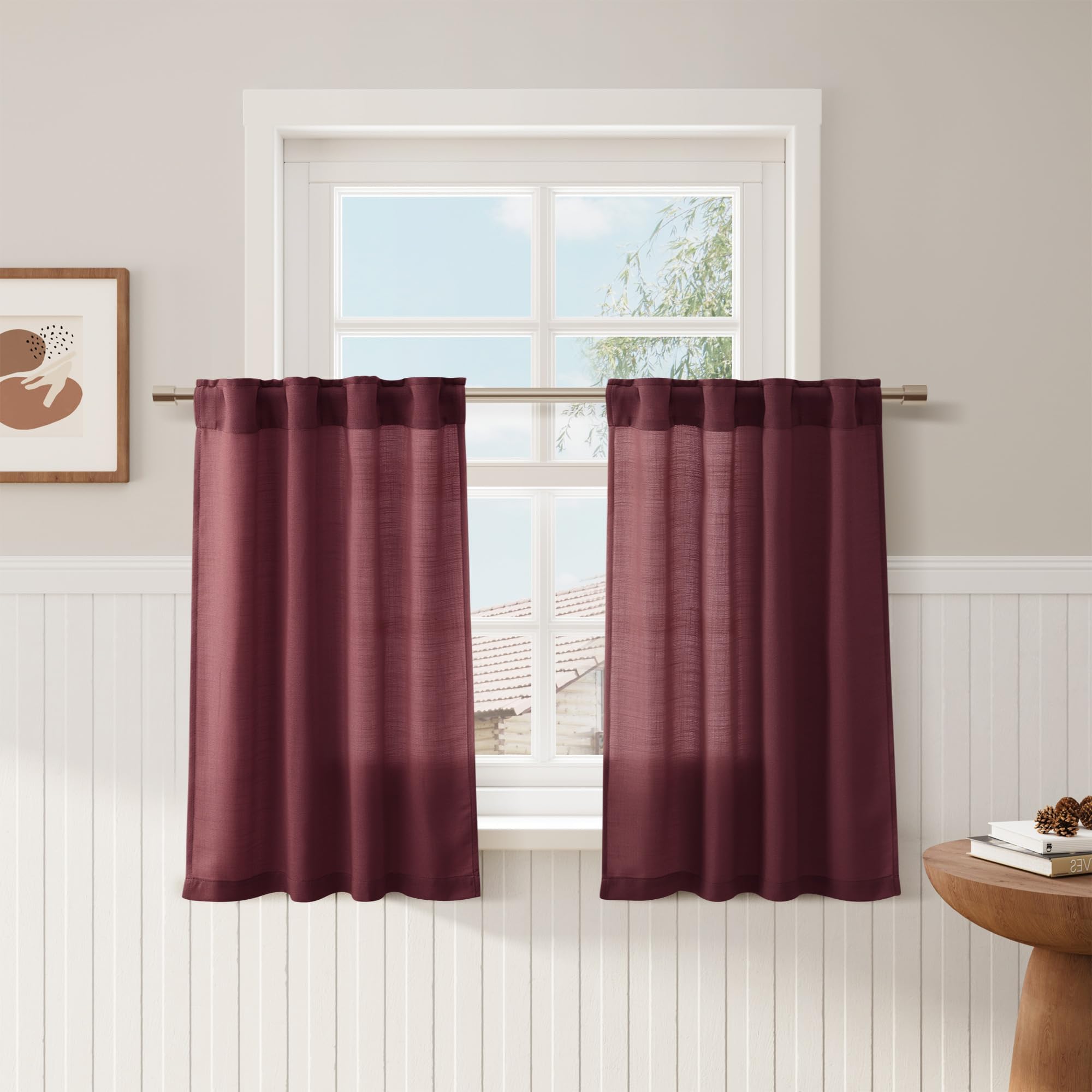 Burgundy Linen Kitchen Curtains 36 Inch Length 2 Pack Light Filtering Semi Industrial Style Transparent Linen Blend Short Drapes Back Tab Rod Pocket for Small Windows Cafe Bathroom Garage 26Wx36L