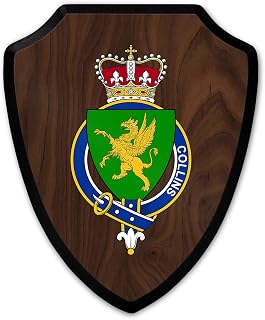 HARD EDGE DESIGN Family Coat of Arms Heritage Shield Plaque, English Garter Family Collins with Dark Wood Background