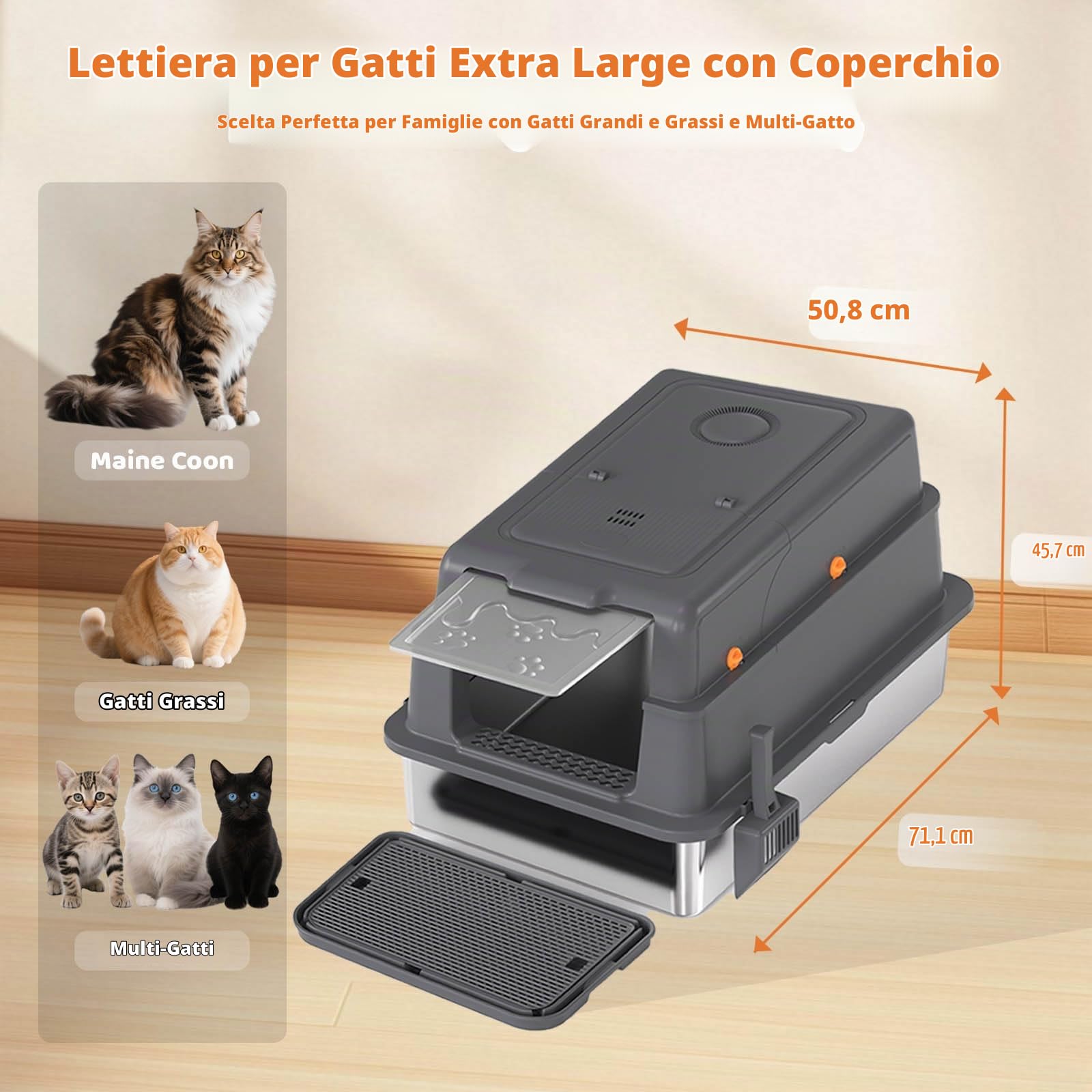 Homegroove XXXL - Lettiera per gatti in acciaio inox con coperchio, 70 x 50 x 45 cm, extra grande, con pala e pedale, in metallo chiuso, per gatti di grandi dimensioni e casette, anti-beccuccio