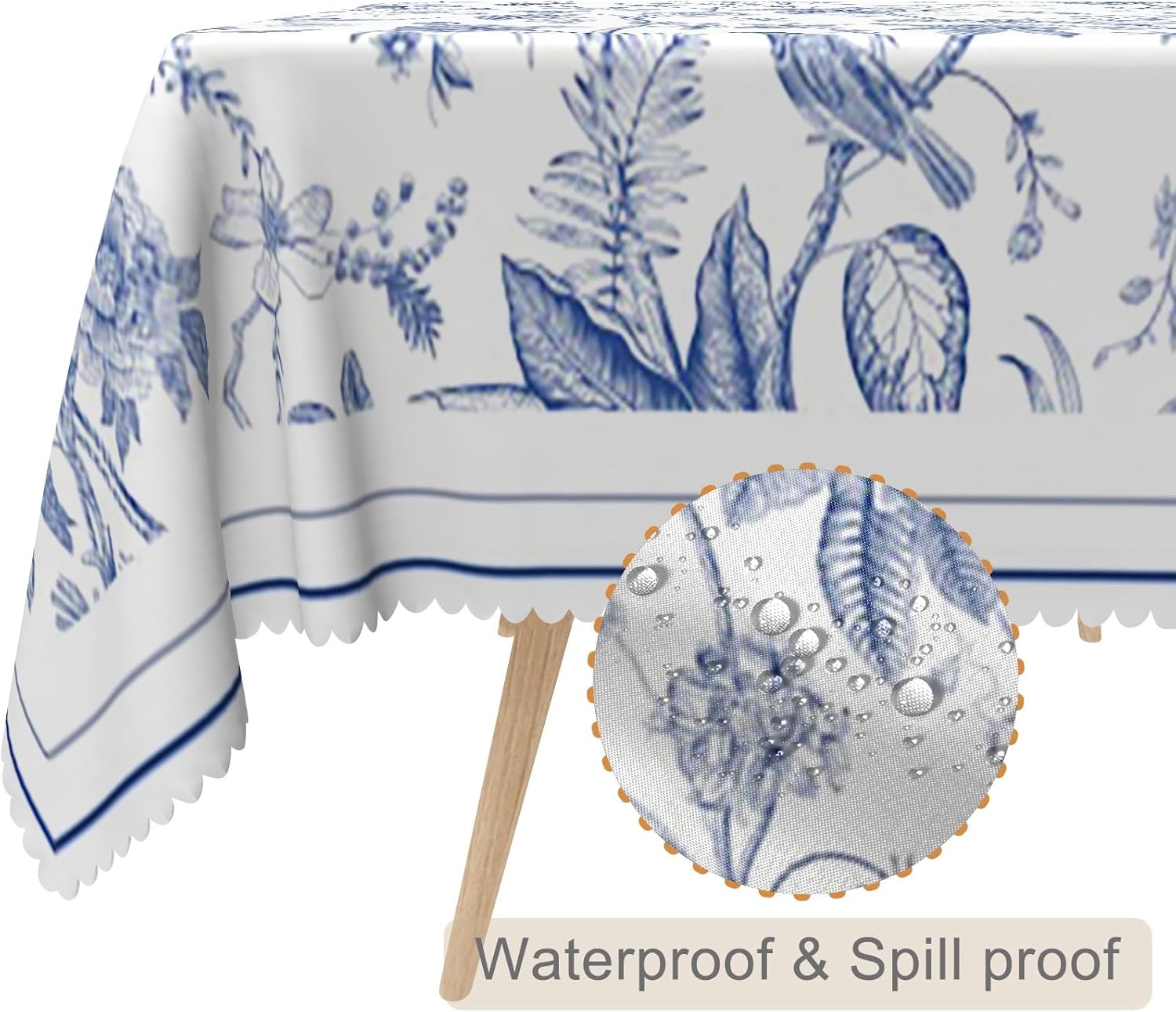 60x84inches Blue Floral Tablecloth Blue and White Flowers Birds Plants Classic French Country Table Cloth Spill Proof and Oil Proof Fabric Table Cover for Kitchen Dining Room Patio Home Decor