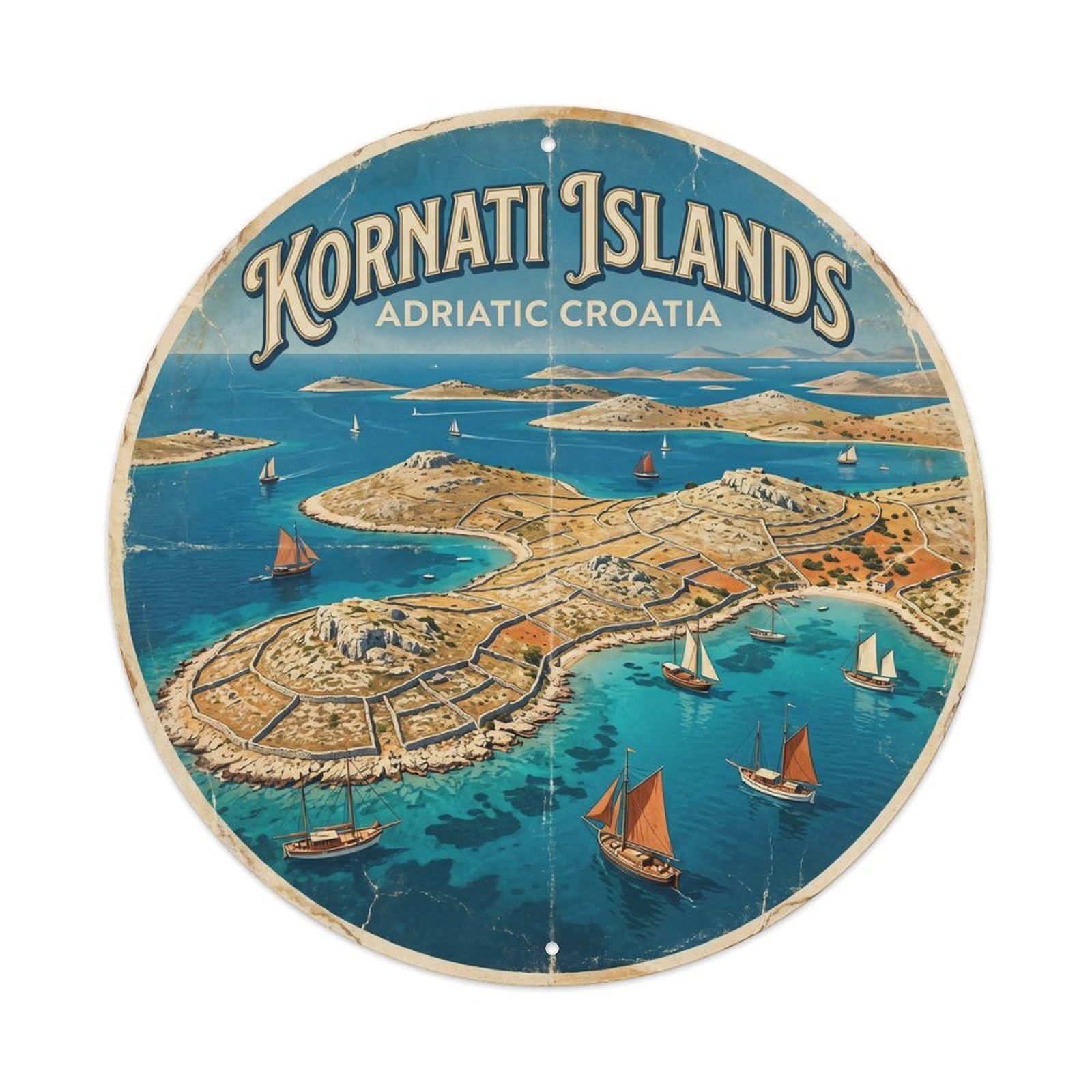 Vintage Travel Kornati Islands Croatia Metal Tin Sign Plaque Wall Decor for Cafe, Club, Garden Round Metal Poster 8x8Inch