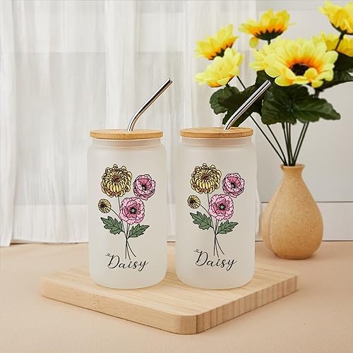 Miniatura 4 de Vaso de vidrio personalizado con popote y tapa, taza de café helado esmerilado de 16 onzas, taza de café helado con nombre personalizado, regalo de