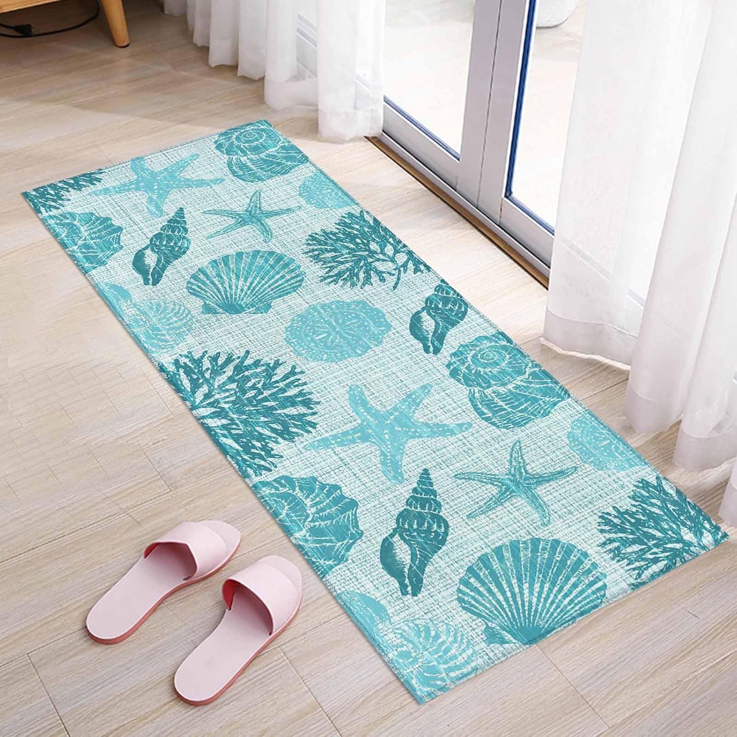 Kitchen Mats for Floor Watercolor Teal Ocean Starfish Conch Washable Non Slip Kitchen Rugs 1PCS, Marine Shell Coral Absorbent Standing Mats for Sink Bathroom Office Living Room 23.6x70.9in