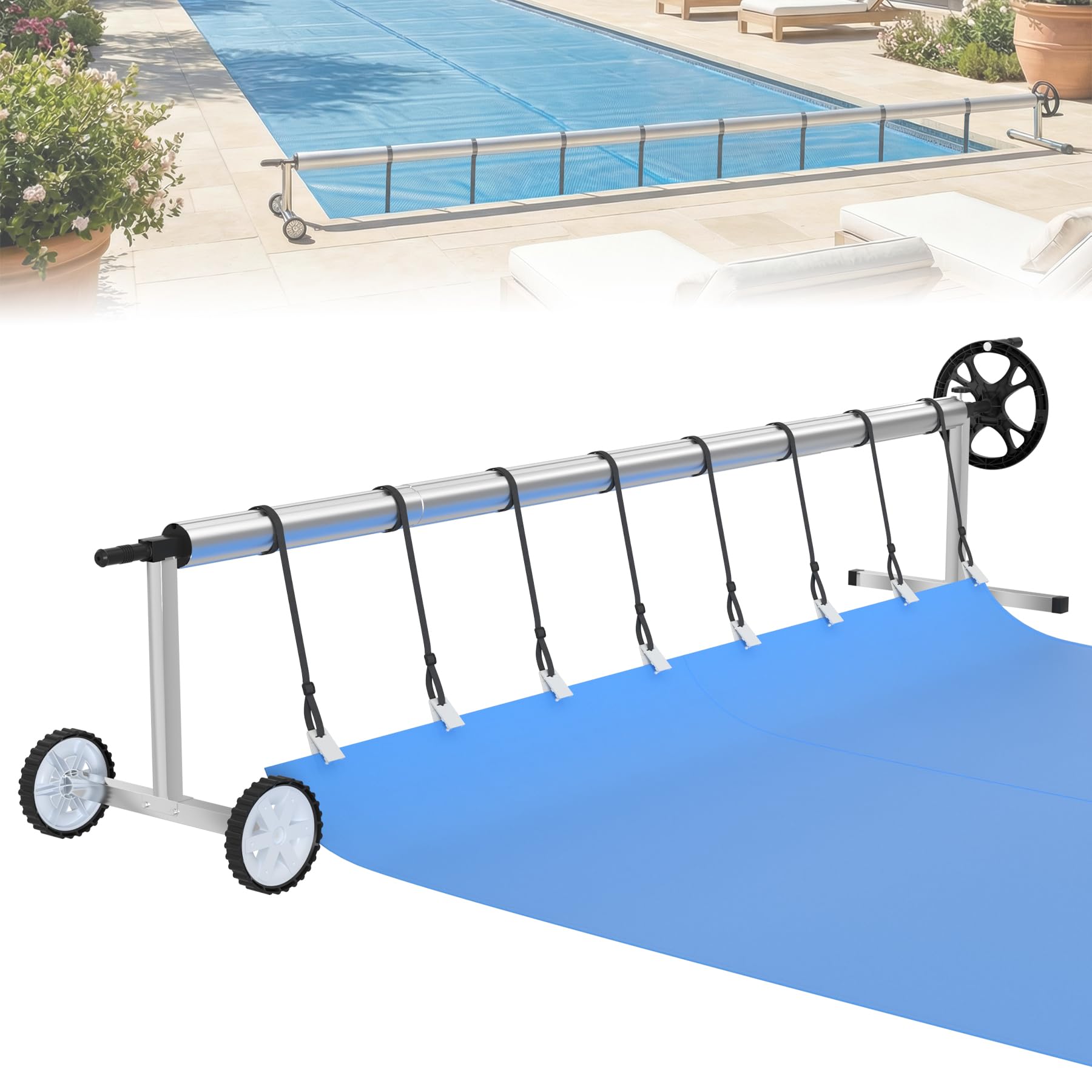ACXIN Mobilny system zwijania basenu do folii solarnej, do przykrycia basenu, do zwijania plandeki, 3 m – 5,70 m, stal nierdzewna, system zwijania, regulowany, w zestawie mocowanie i rolki