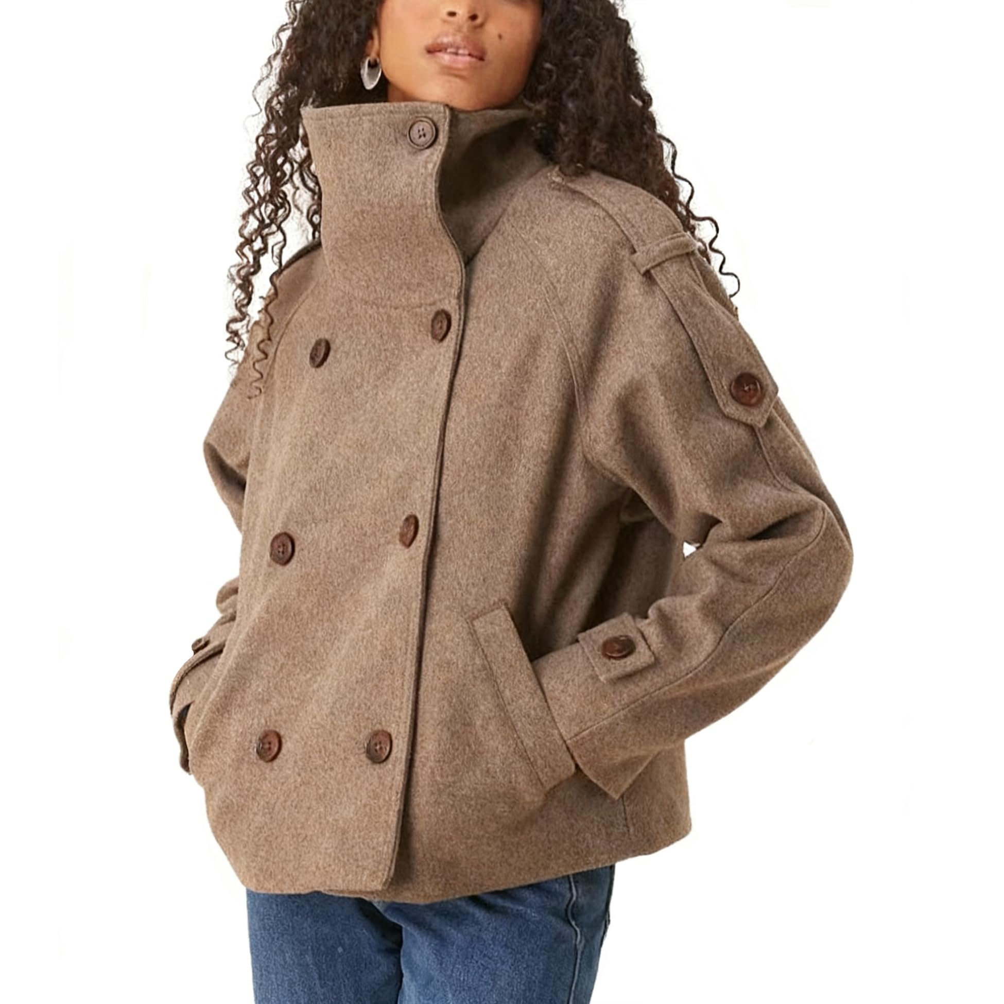 Womens Cropped Pea Coat Wool Blend Double Breasted Notched Stand Collar Trench Overcoat Jackets Fall Casual Outwear