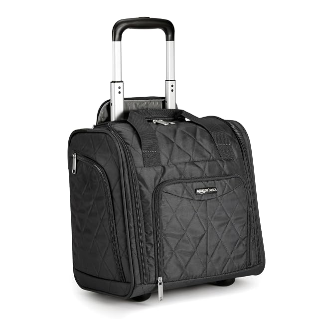 Amazon Basics Underseat Carry On Luggage with Wheels - 14 Rolling Travel Bag Black Quilted