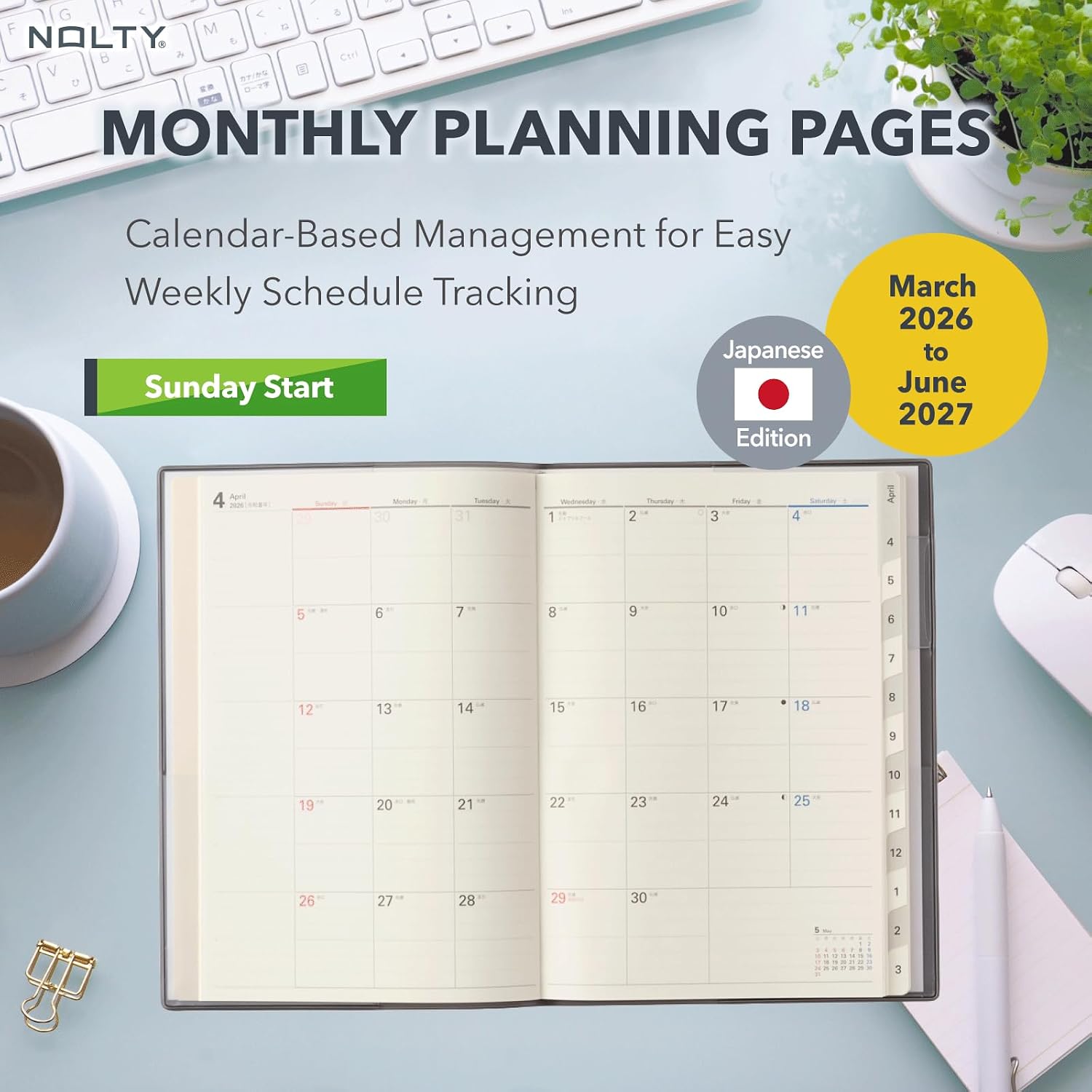 NOLTY Access Depot A5 Monthly Planner 2026, April, Sunday Start, Japanese Edition, Black, 2026-9738