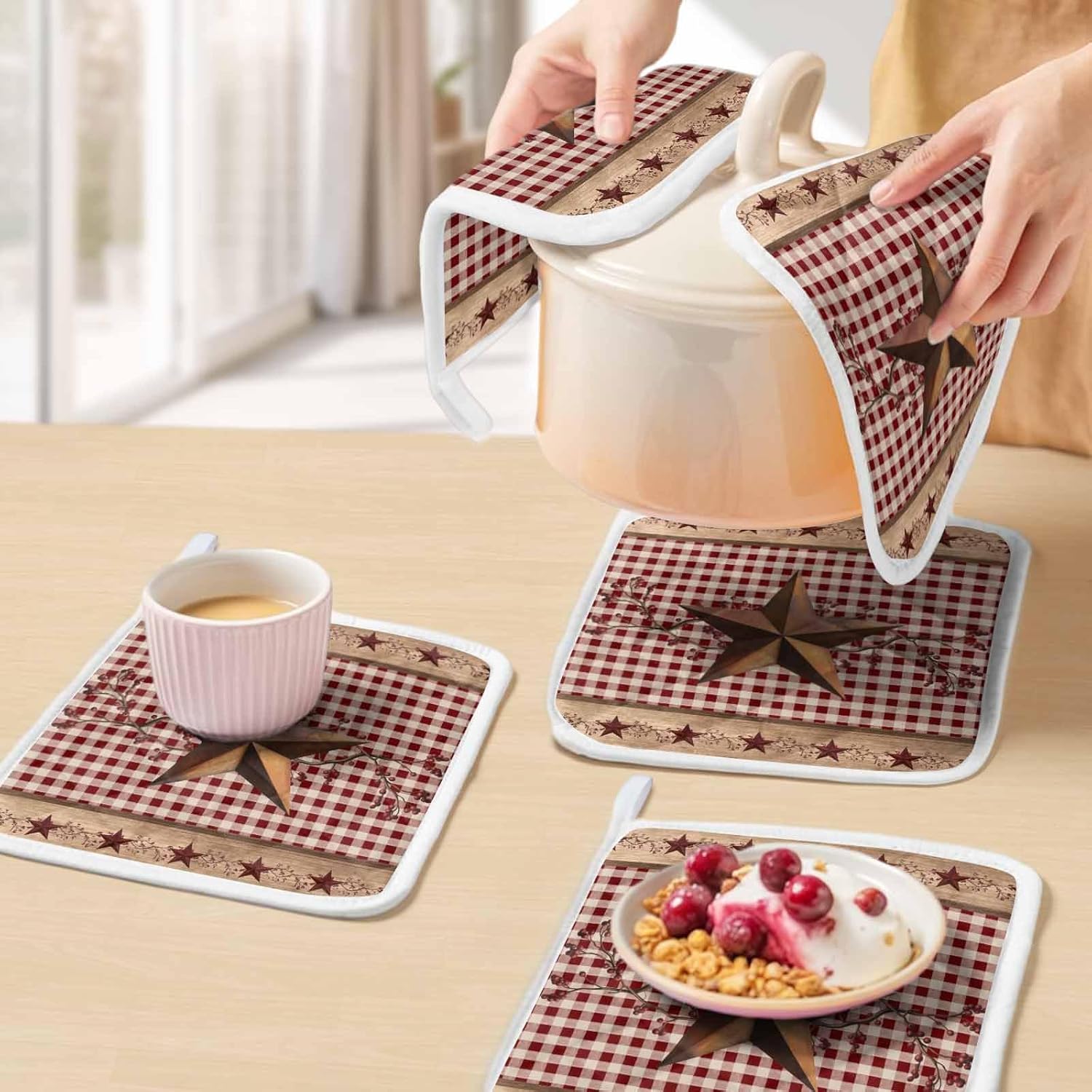 5 Pack Pot Holders for Kitchen, Vintage Texas Star Brown Hot Pads for Kitchen Countertops Oven Pot Holder Bulk, Red Plaid Berry Farmhouse Heat Insulation Potholders with Hanging Loops