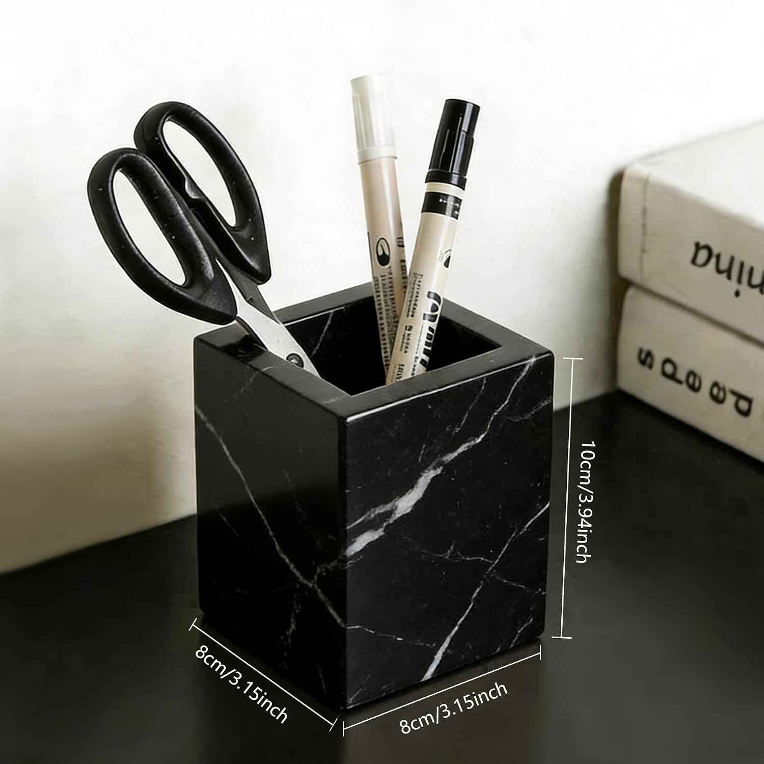 Black Natural Marble Toothbrush Holders for Bathroom, Marble Makeup Brush Holder, Pen Pot, Countertop Organizer Barrel Storage Box(Black Marquina)