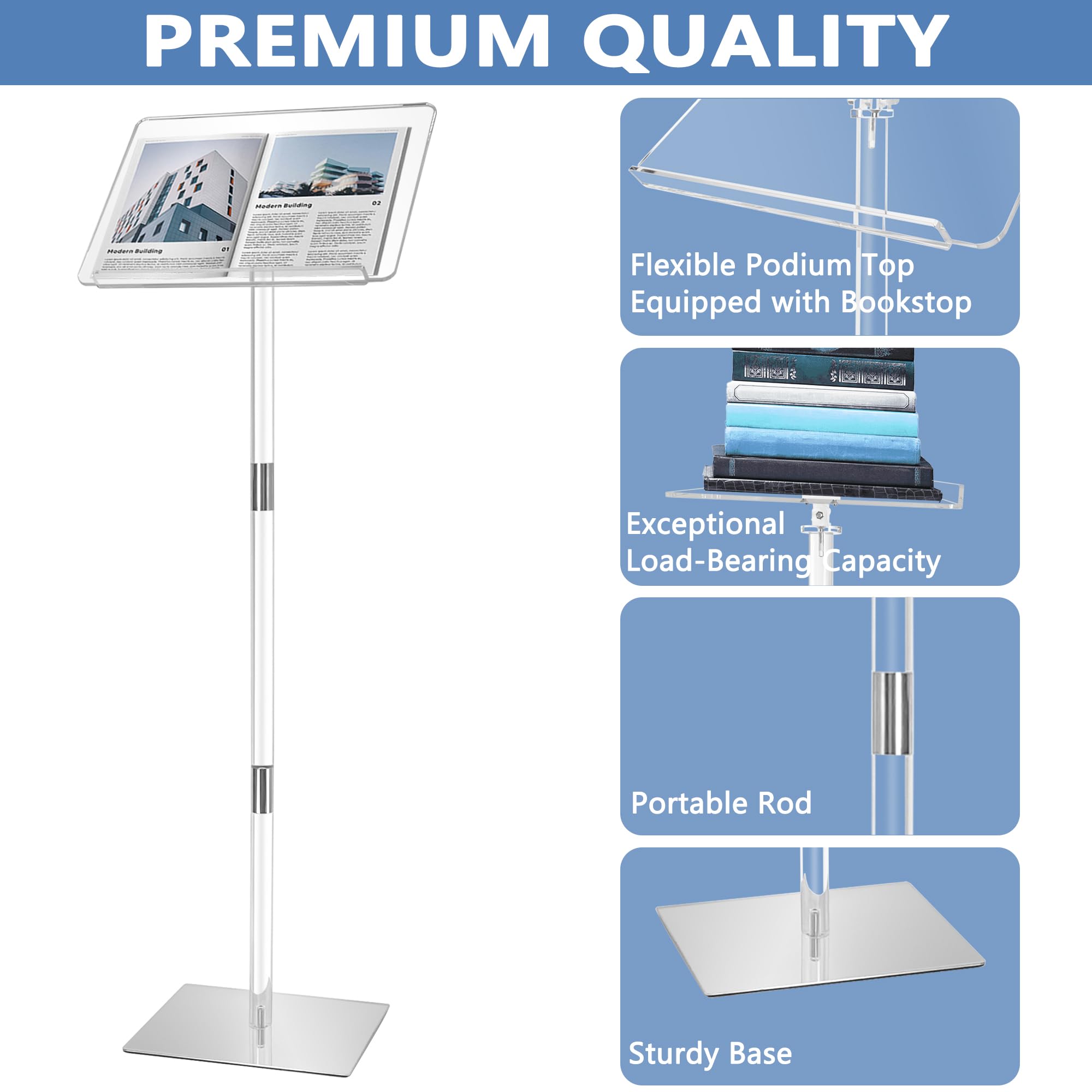 Podium en acrylique, pupitre portable, angles réglables avec base en métal, podium pour salle de classe, église, mariages, discours, 40,6 x 30,5 x 108 cm (L x l x H), transparent