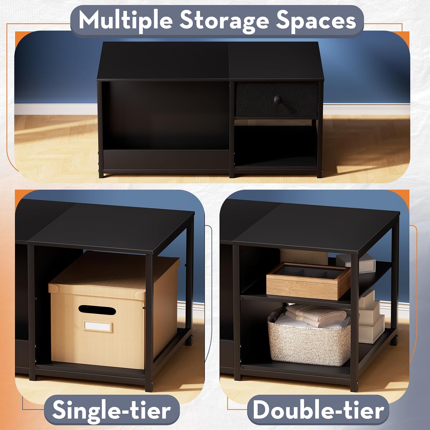 SINPAID Coffee Table with Storage, Rectangular Coffee Tables for Living Room, Modern Coffee Table with Hidden Storage Compartment and Adjustable Shelves, Black