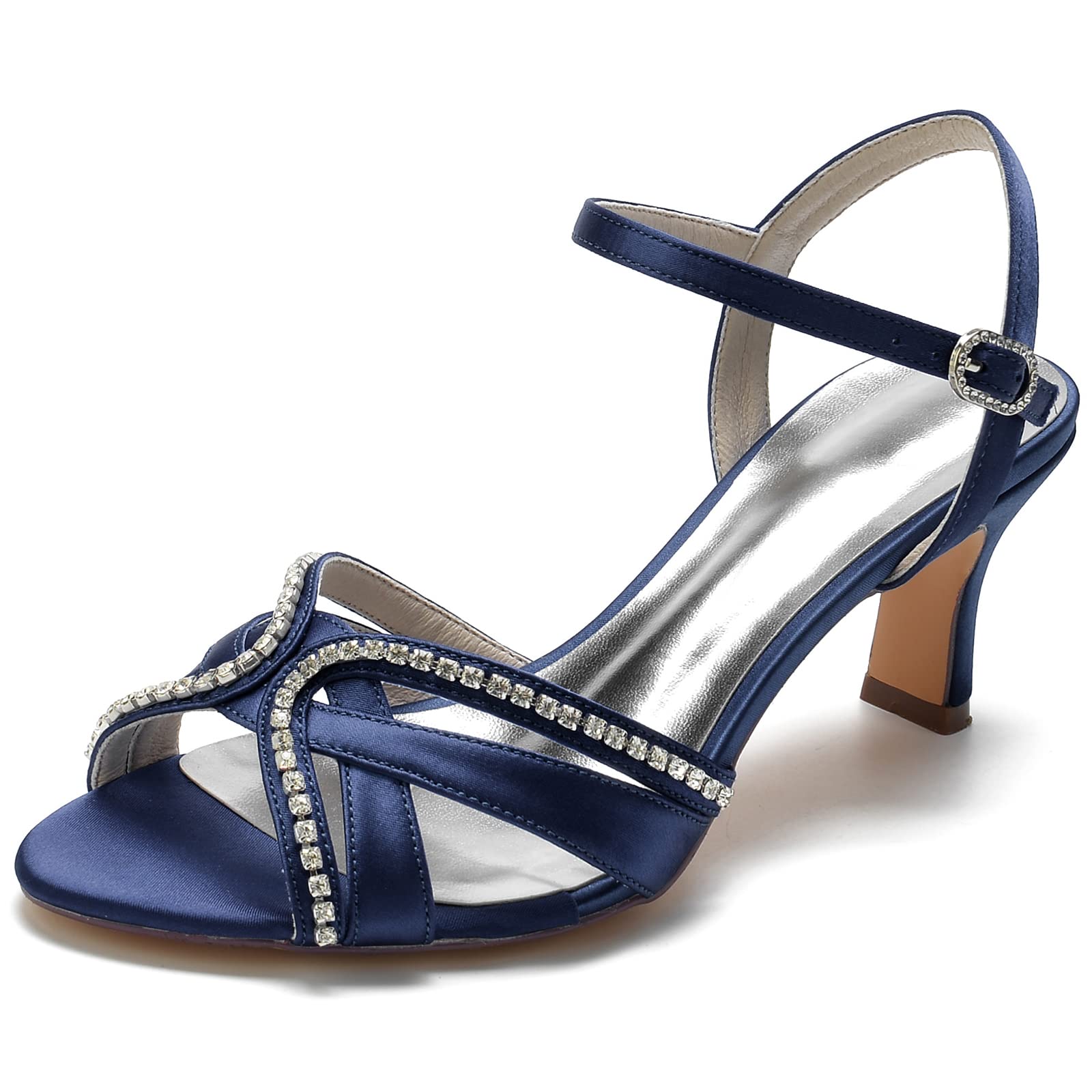 Ribete de Pedrería Sandalias Mujer de Tiras Cruzadas Satén Tacón Medio Boda Zapatos Tobilleros Calzado Nupcial Fiesta Peep Toe Elegante