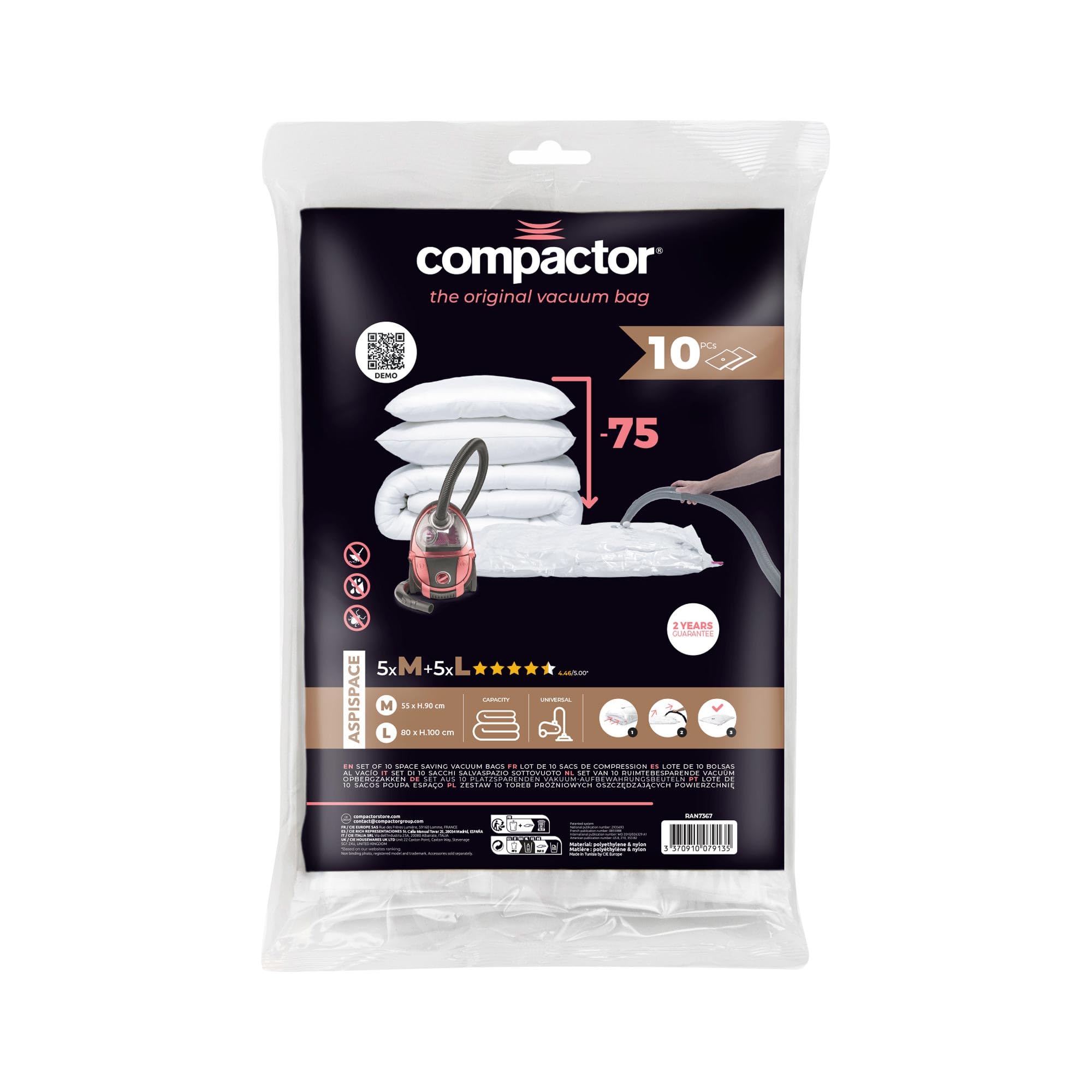 Compactor Set di 10 Sacchetti Sottovuoto ASPISPACE, 5X M (55x90 cm) e 5X L (80x100 cm), Riutilizzabili, Trasparenti