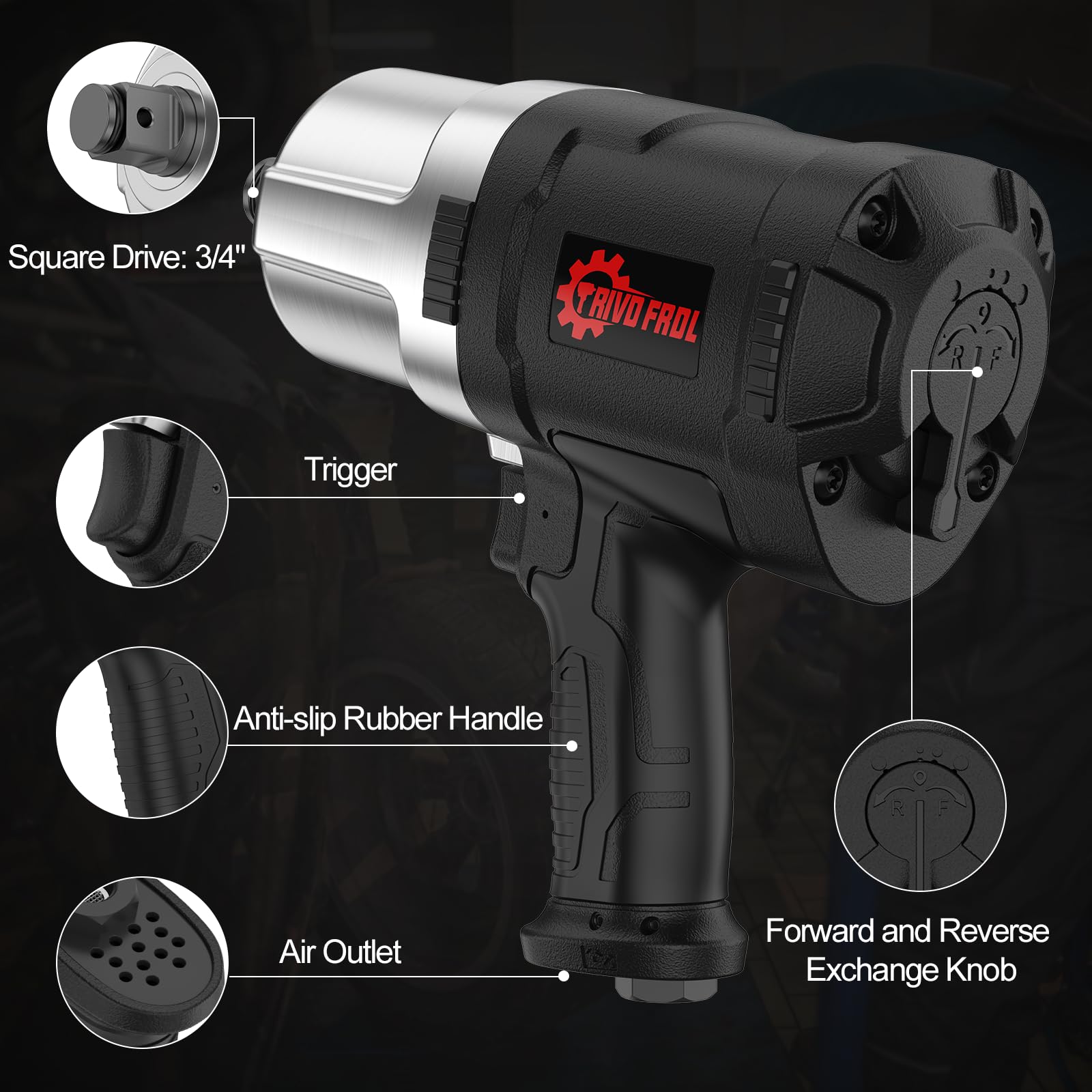 Trivd Frol Avvitatore pneumatico - Pistola pneumatica da 3/4 di pollice, fino a 2100 Ft.lbs, Avvitatore a percussione ad alta coppia da 6000 giri/min, Avvitatore pneumatico a doppio martello per