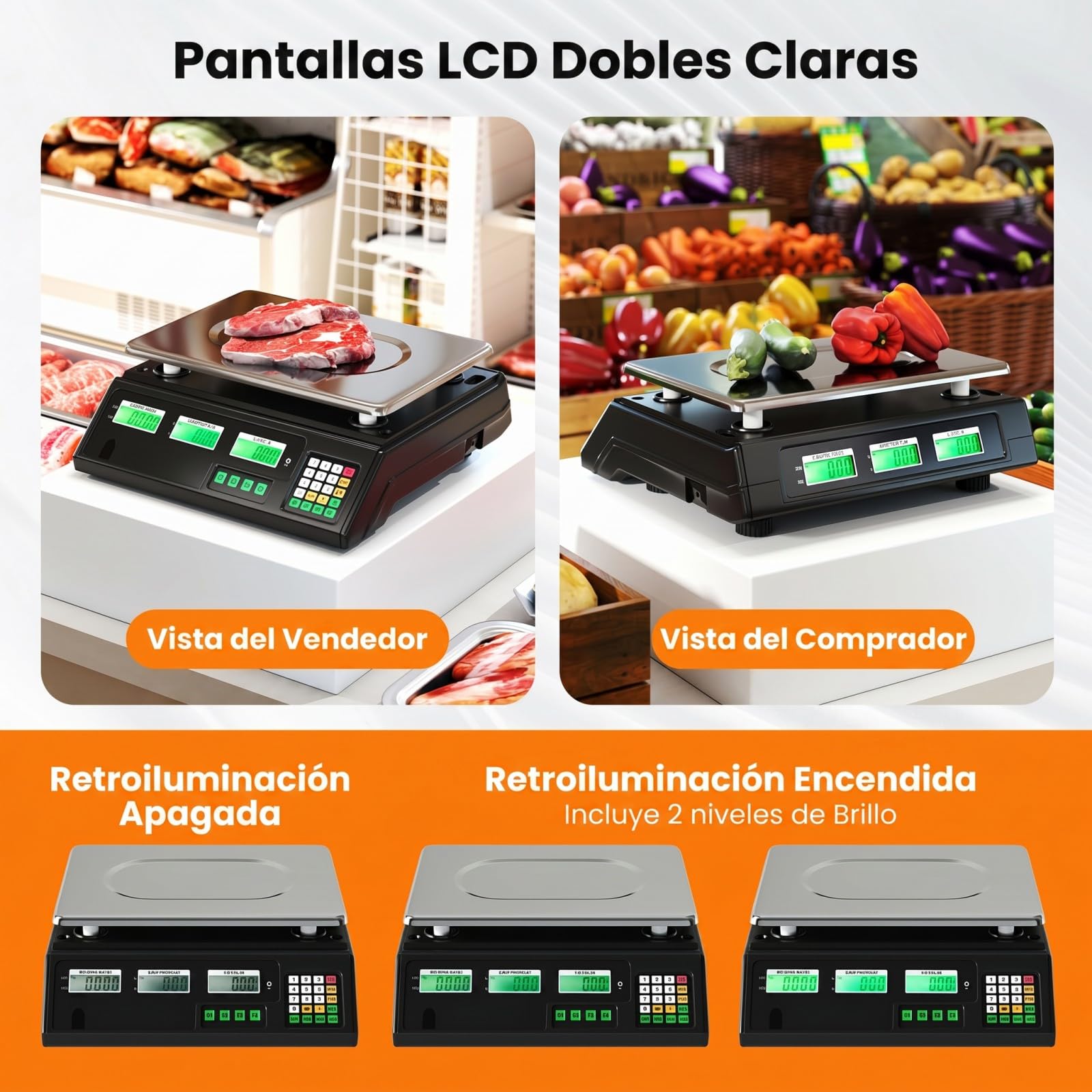 COSTWAY Báscula Digital 40 kg/5g, 7 Funciones de Tara y Recuento | Pantalla LCD, Balanza Portátil Acero Inoxidable, Batería Recargable,Báscula de Comercio, Ideal para Tienda y Frutería