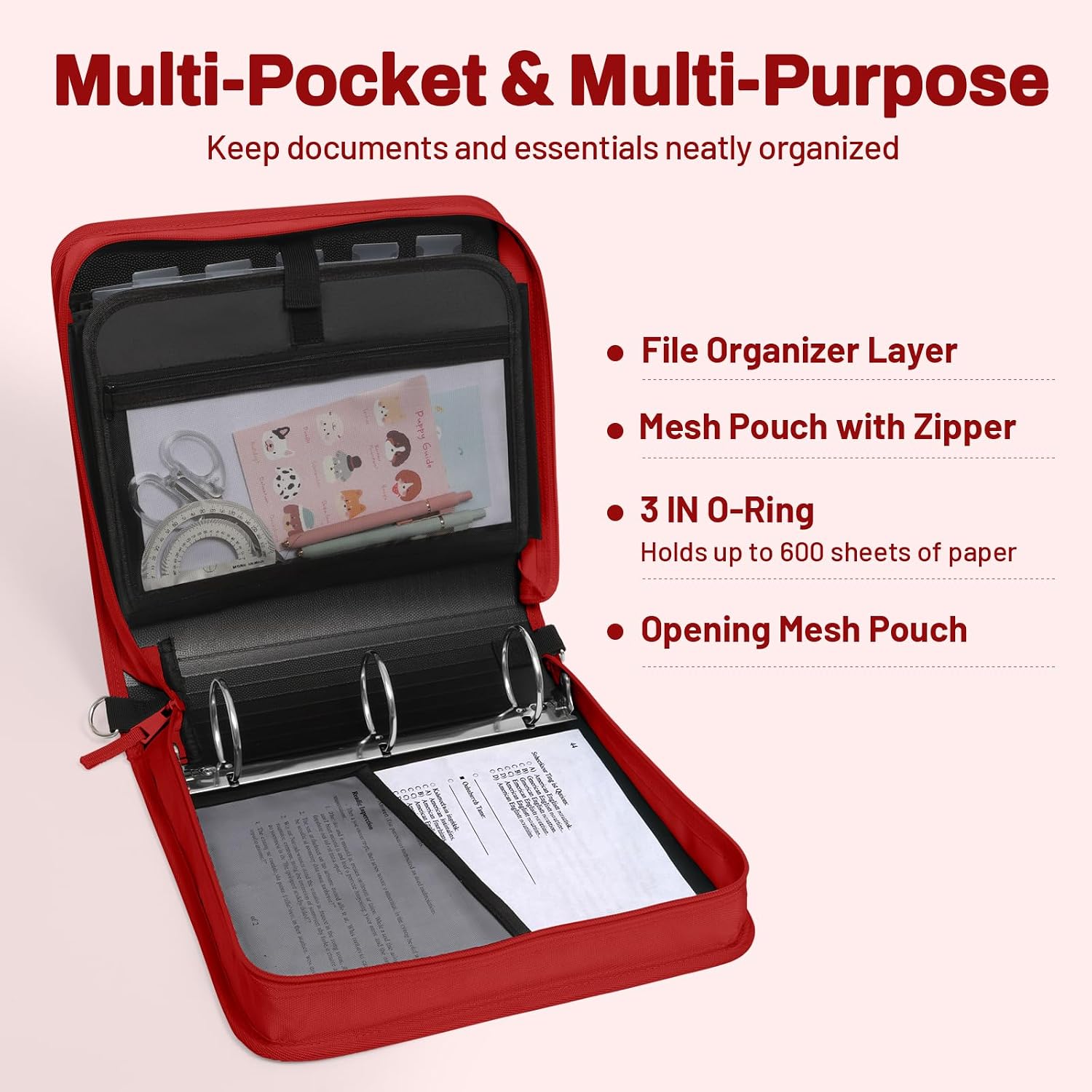 SUNEE Zipper Binder 3 Ring, 3 Inch O-Ring with Handle and Shoulder Strap, 600-Sheet Capacity, 5-Tab Expanding File Folder, Multi-Pockets for Middle School Organizer Binder with Zipper, Bright Red