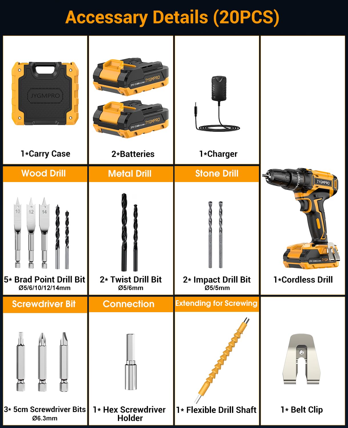 Trapano Avvitatore Batteria 21V, con 2 Batterie da 2.0Ah, 14 Accessori, 42N.m di Coppia con Avvitatore Elettrico, 2 Velocità, 25+3 Coppia, Luce a LED, Per il Fai da te, in Casa e Giardino