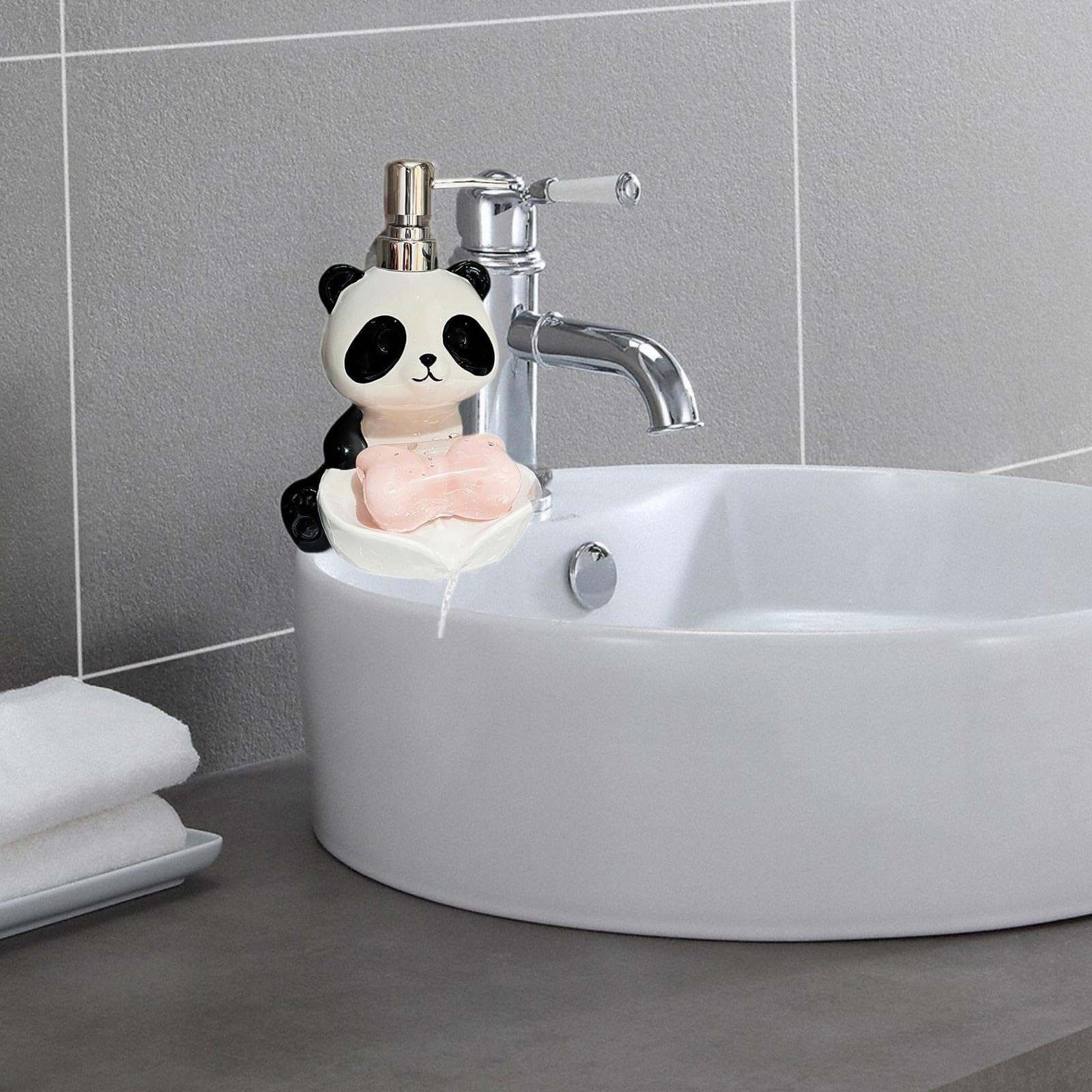 LOVIVER Distributore di Sapone a Forma di Panda Carino, distributore di Sapone Liquido in Ceramica da 380 ml con portasapone, flacone di lozione Multiuso